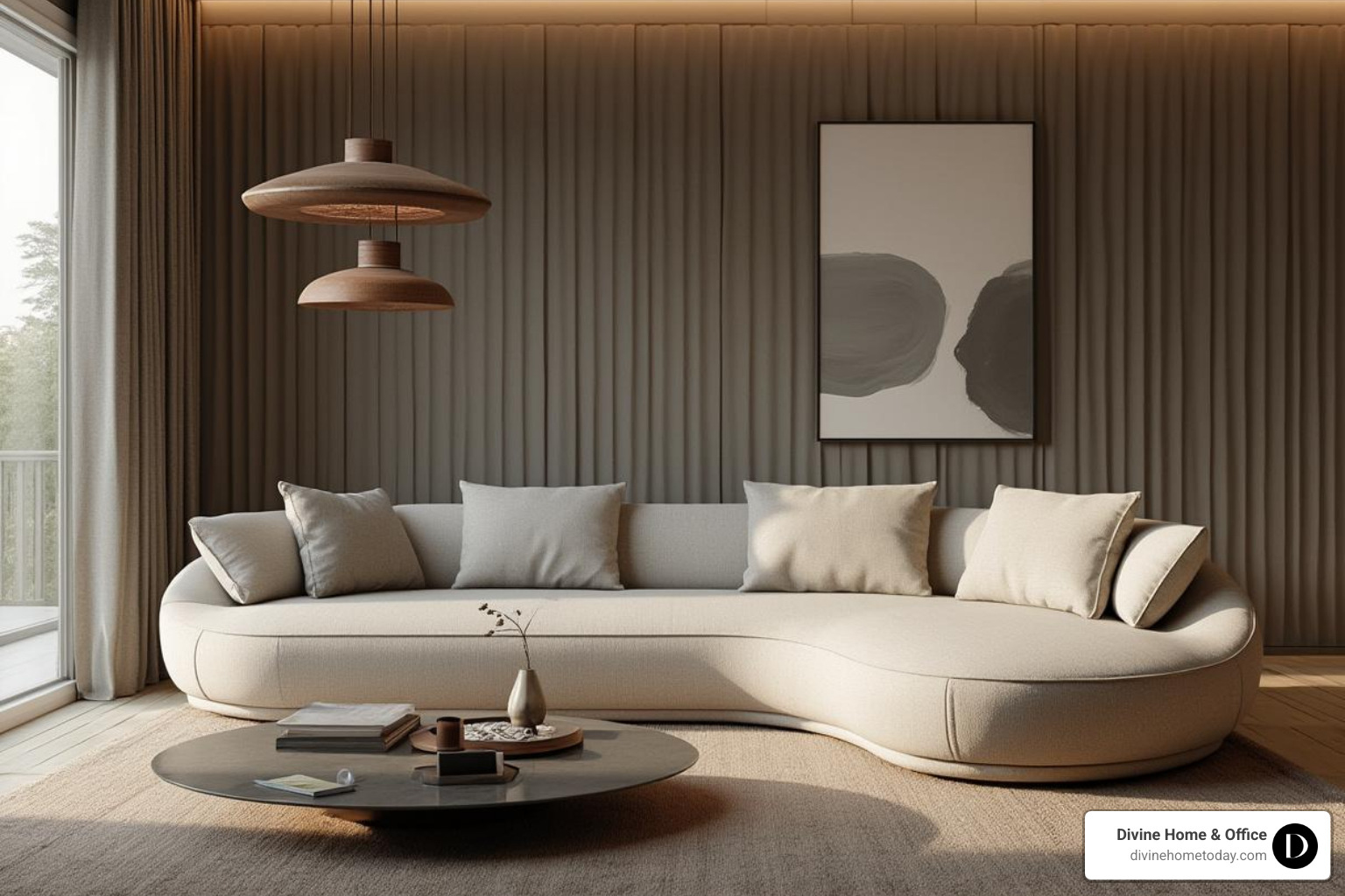 living room with a low-profile curved sofa and a geometric coffee table - contemporary residential room design