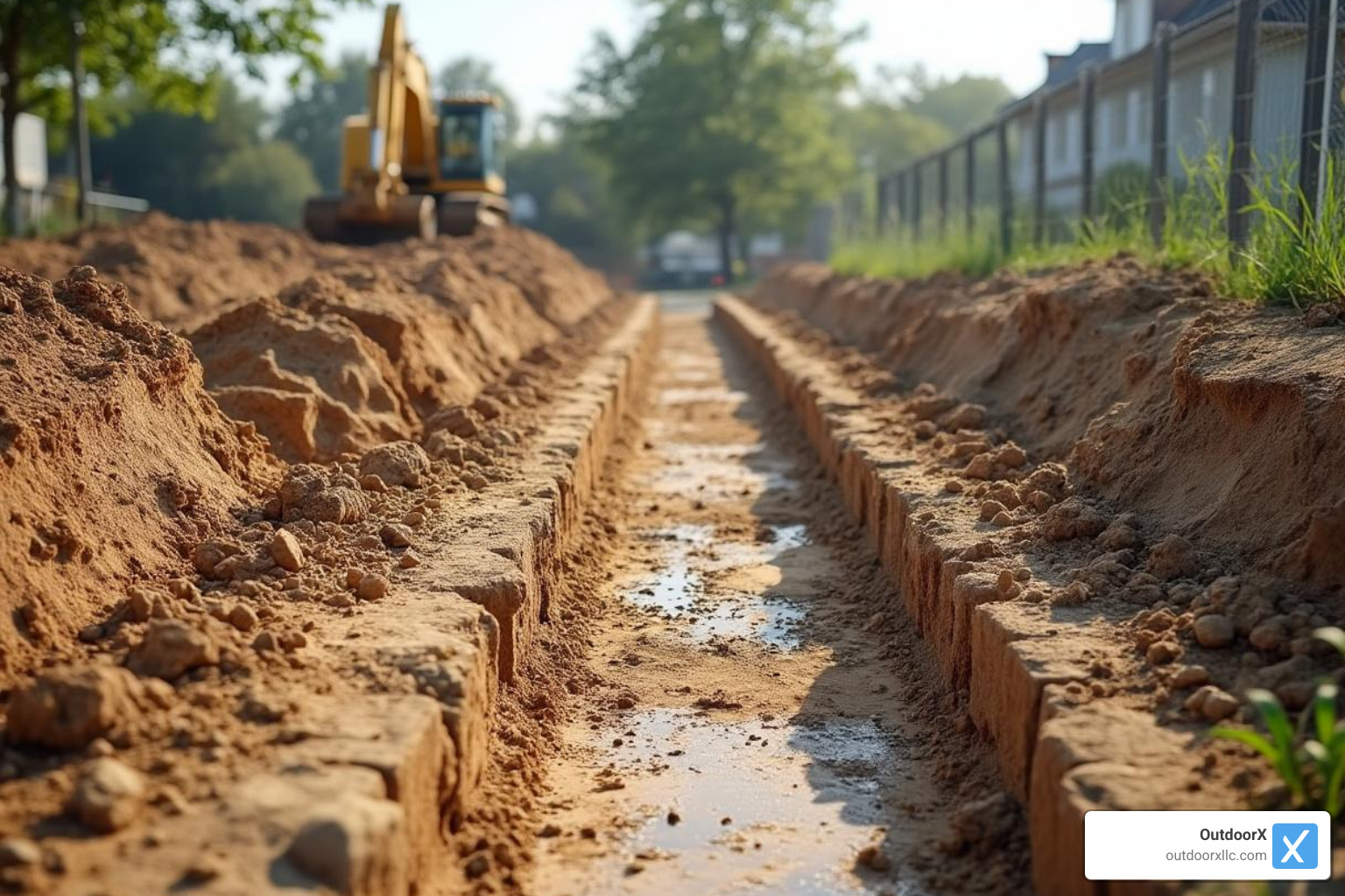 A construction site being excavated and graded for a new walkway, showing the initial groundwork - paver walkway installation cost