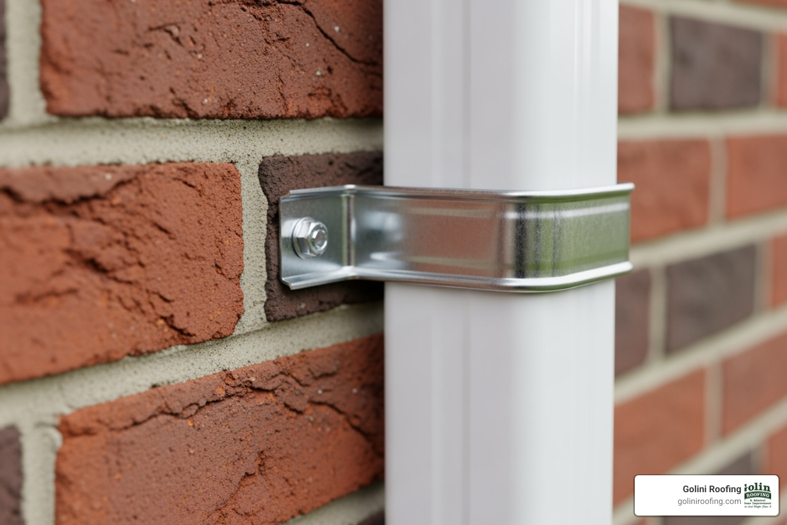 new downspout strap fastened to brick wall - downspout extension repair