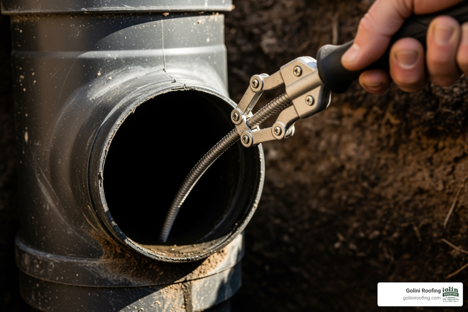 plumber's snake in underground downspout pipe - downspout extension repair