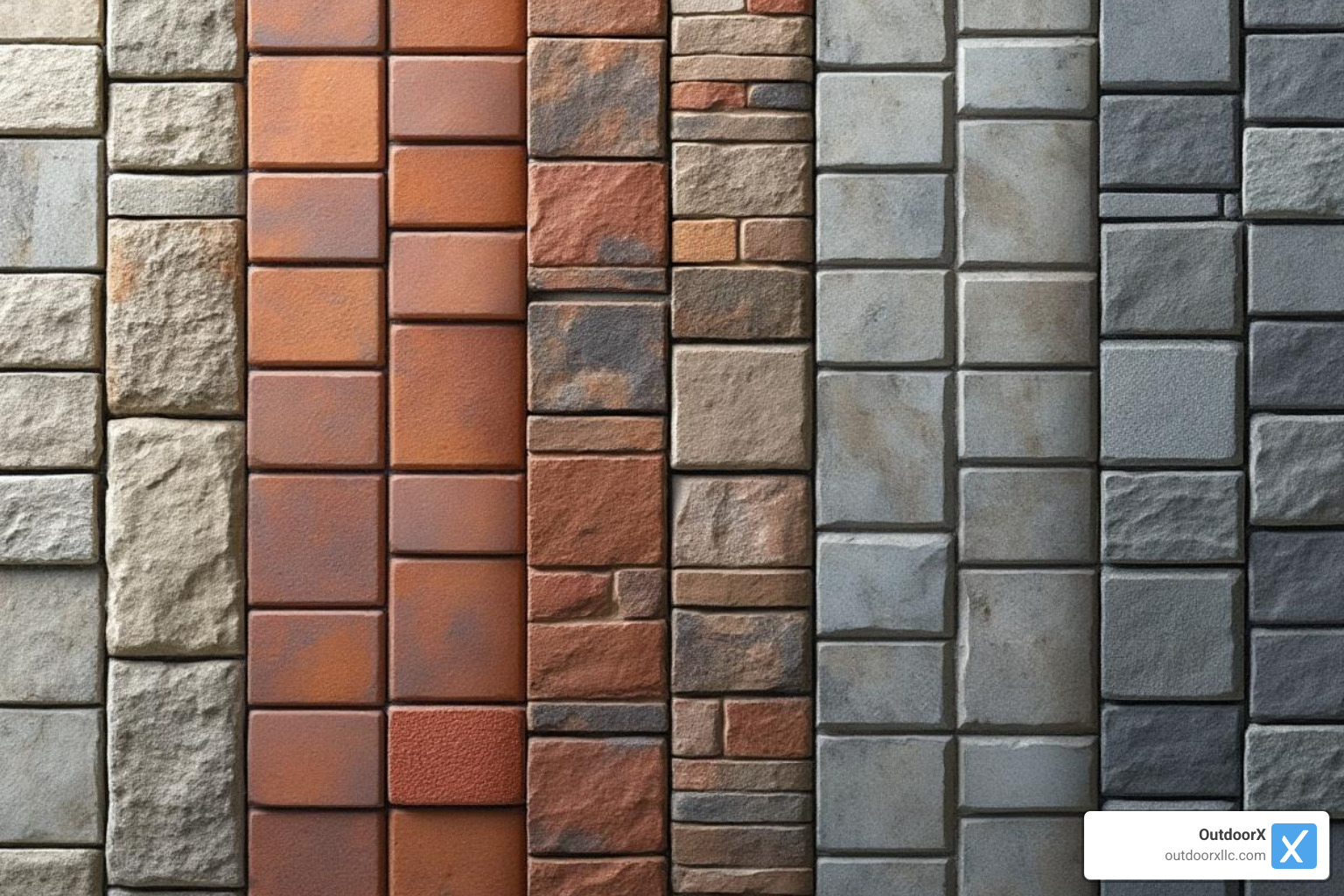 A display of different paver material types including concrete, clay brick, and natural stone side-by-side, showcasing their textures and colors - paver walkway installation cost
