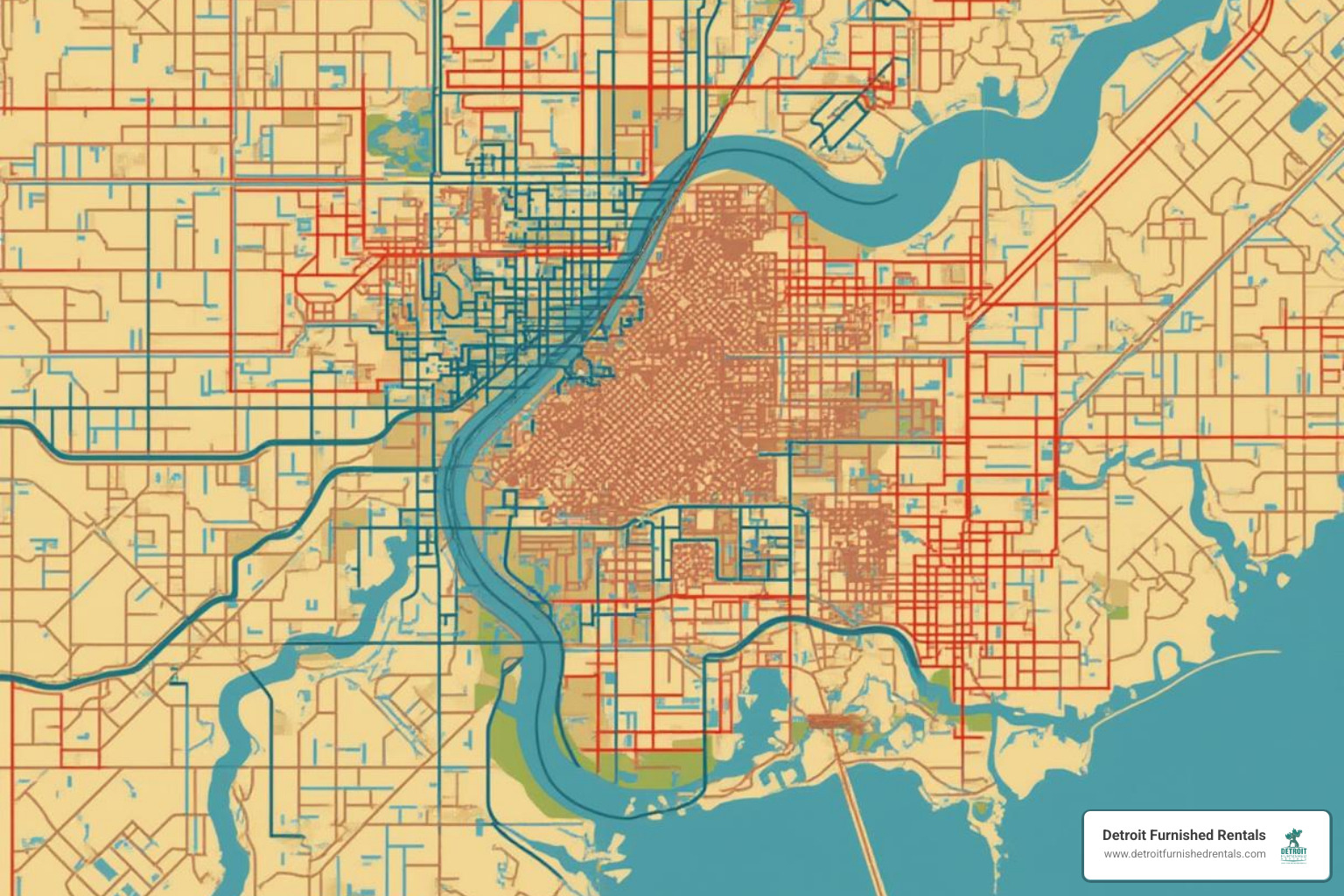 Map highlighting key Detroit neighborhoods - monthly rentals detroit
