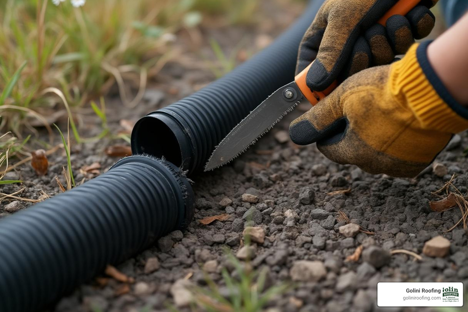 person cutting damaged flexible pipe - downspout extension repair