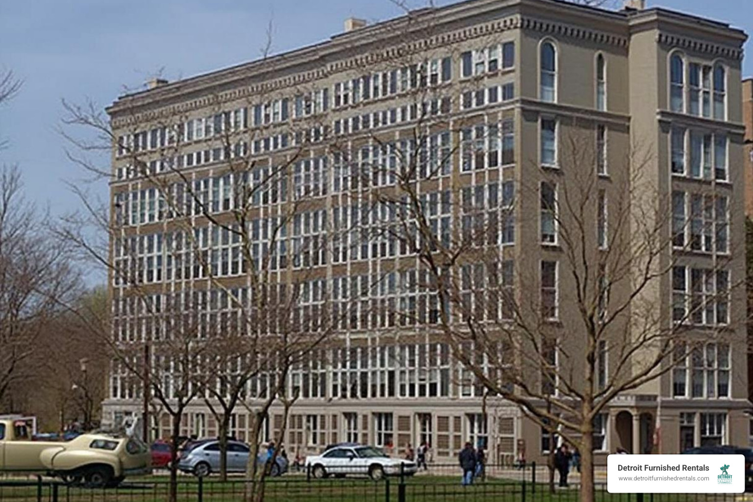Person booking rental on laptop with Detroit skyline - monthly rentals detroit