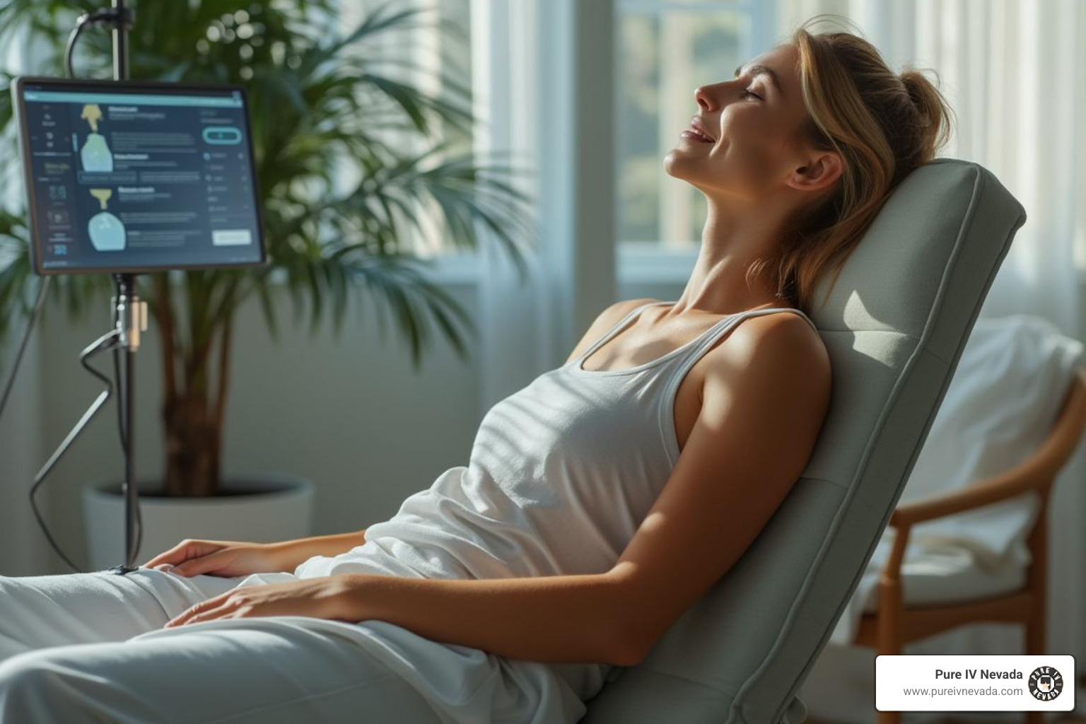 A person relaxing comfortably in a chair while receiving a mobile IV therapy session. - athletic performance iv therapy lake las vegas