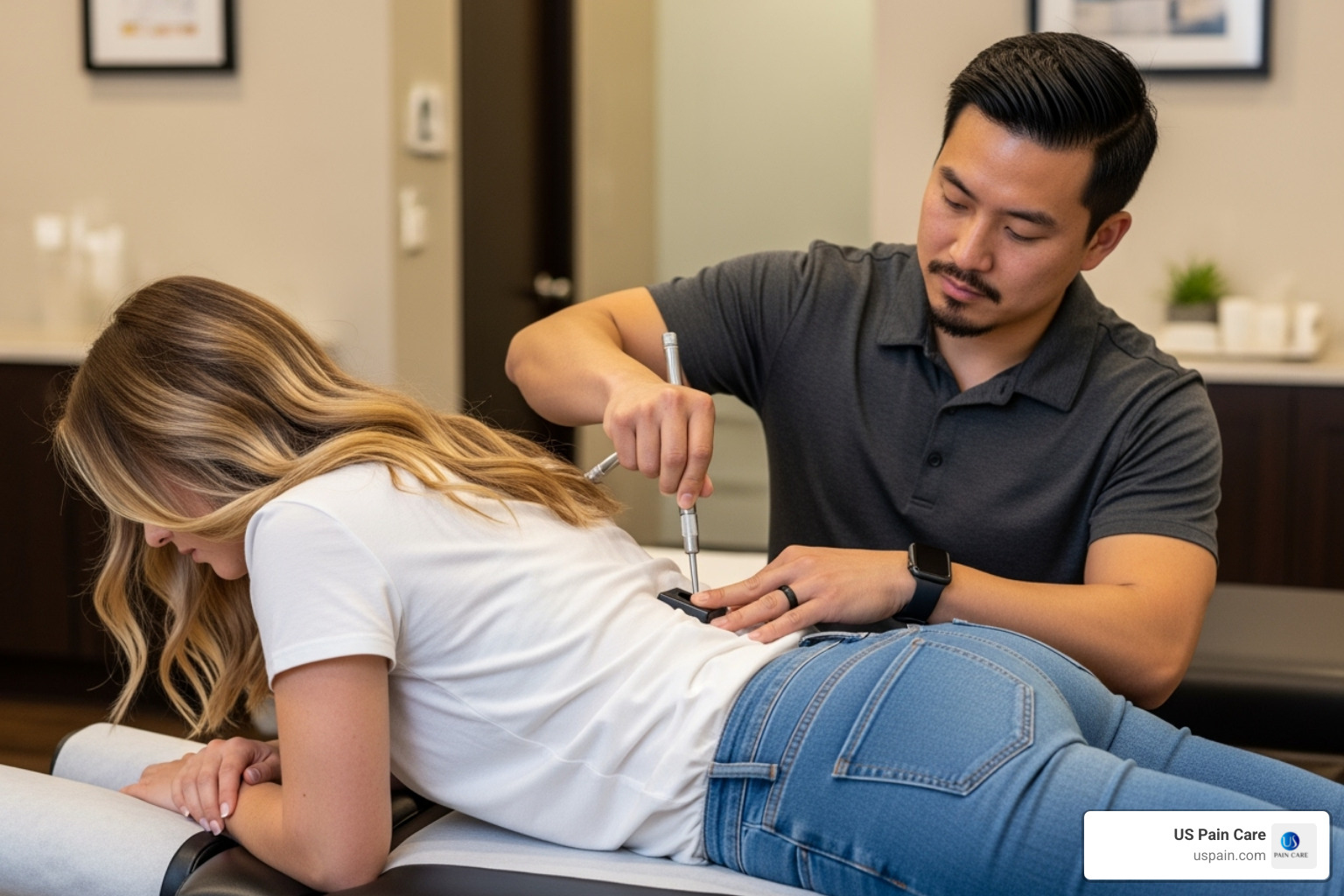 A chiropractor performing a spinal adjustment on a patient's lower back - does chiropractic treatment help with low-back pain
