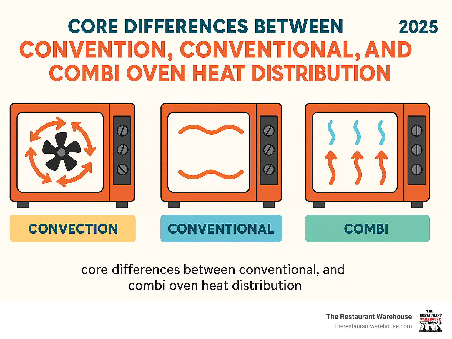 Infographic explaining the core differences between convection, conventional, and combi oven heat distribution. - catering ovens for sale infographic 