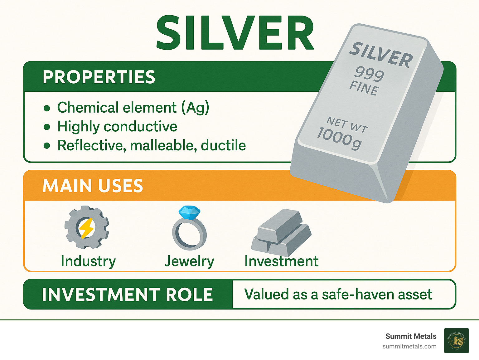 Infographic detailing silver's properties, primary uses in industry and jewelry, and its role as an investment asset - silver infographic 