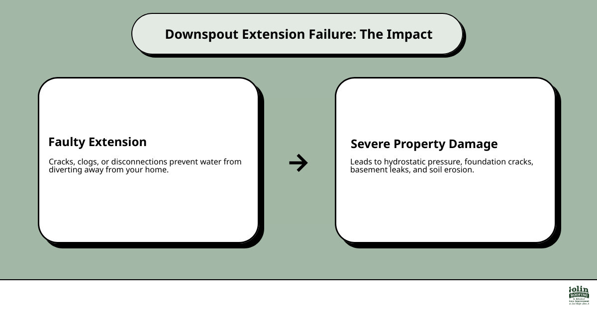 Infographic detailing water flow from roof to gutter, downspout, and extension, highlighting potential damage points like foundation cracks, basement leaks, and soil erosion if the extension fails or is damaged. - downspout extension repair infographic cause_effect_text