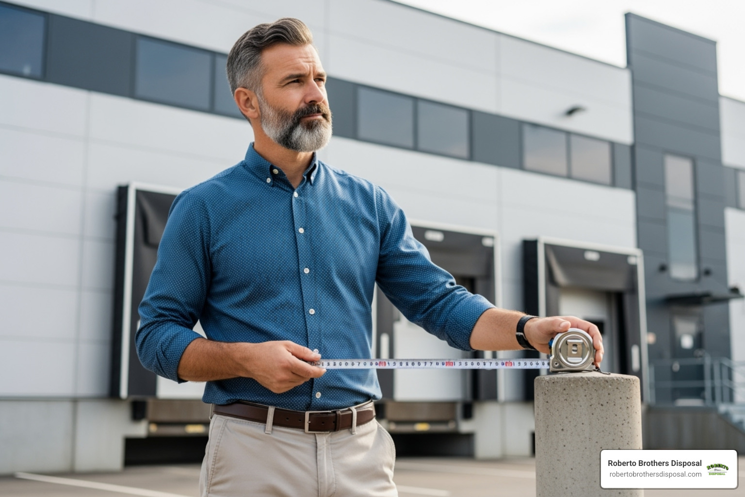 business owner measuring space for dumpster - Commercial dumpster sizes