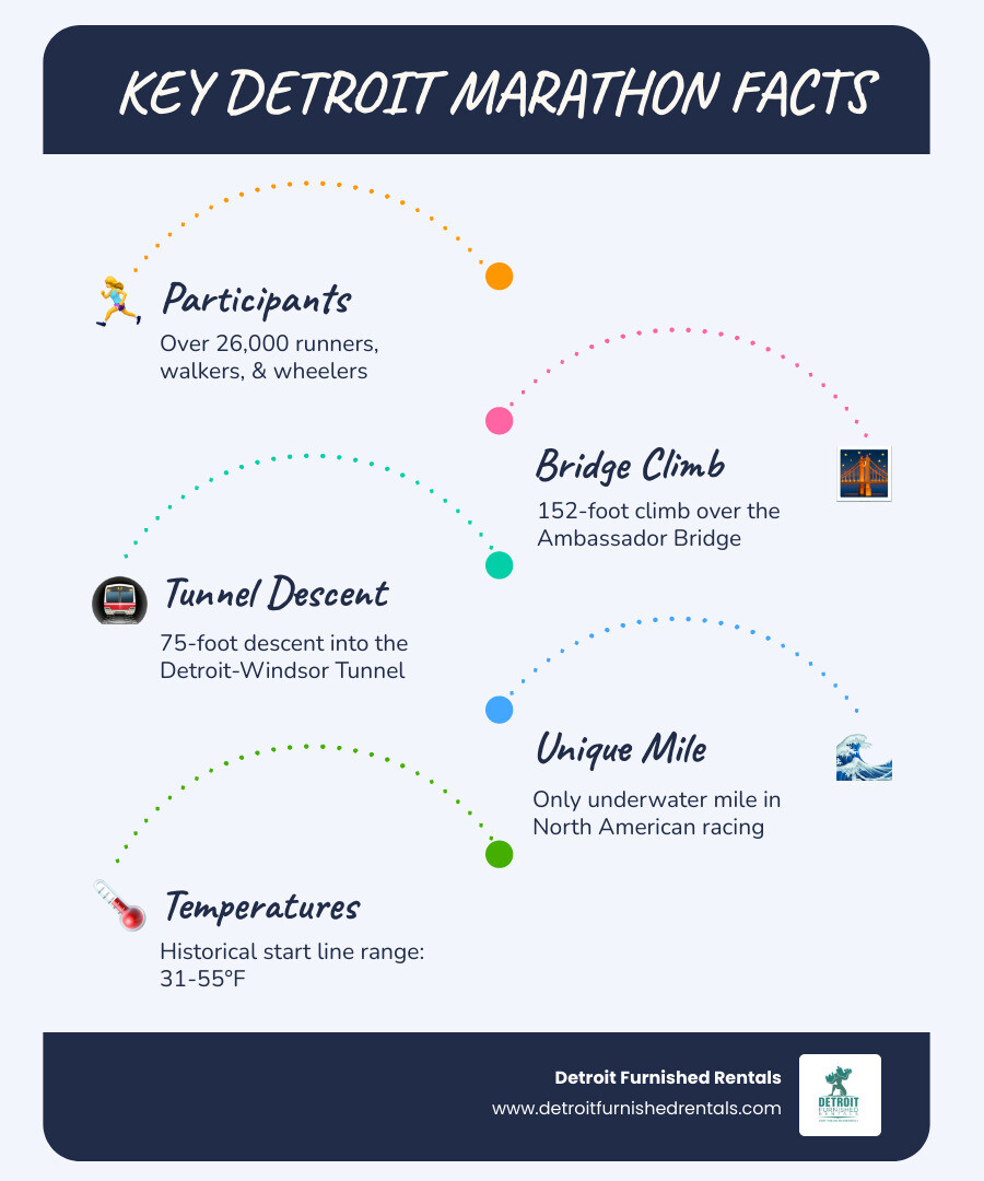 Infographic showing key Detroit Marathon facts: 26,000+ participants, 152-foot Ambassador Bridge climb, 75-foot Detroit-Windsor Tunnel descent, the only underwater mile in North American distance racing, and historical start line temperatures from 31-55°F. - Detroit marathon tips infographic infographic-line-5-steps-blues-accent_colors