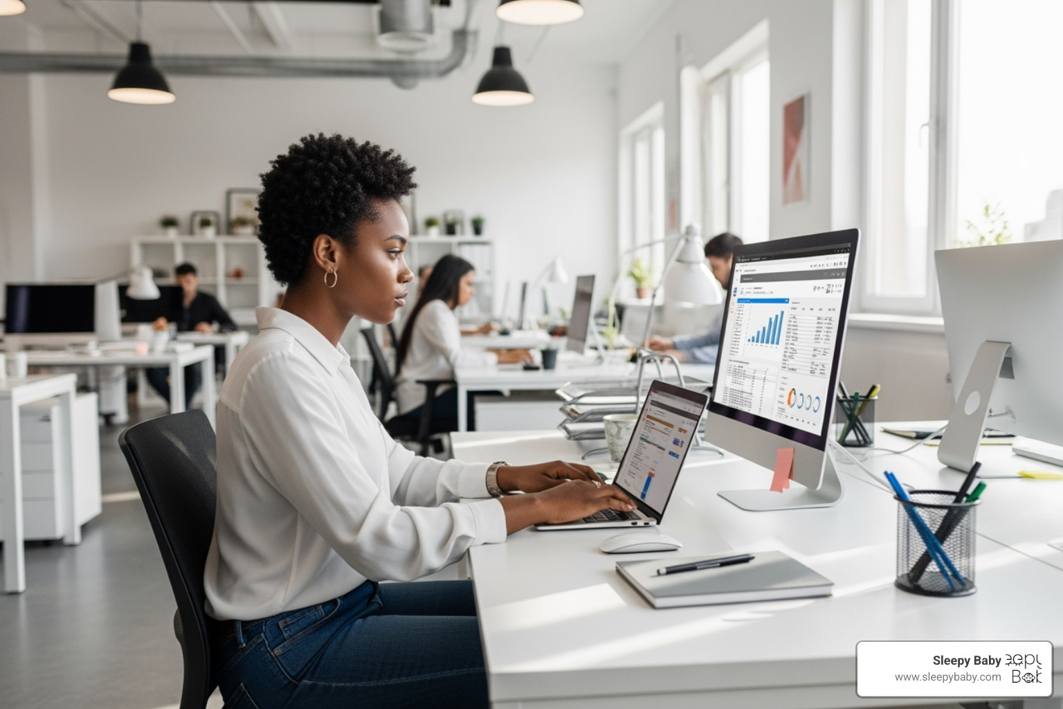person working productively in an open-plan office - white noise sleep benefits