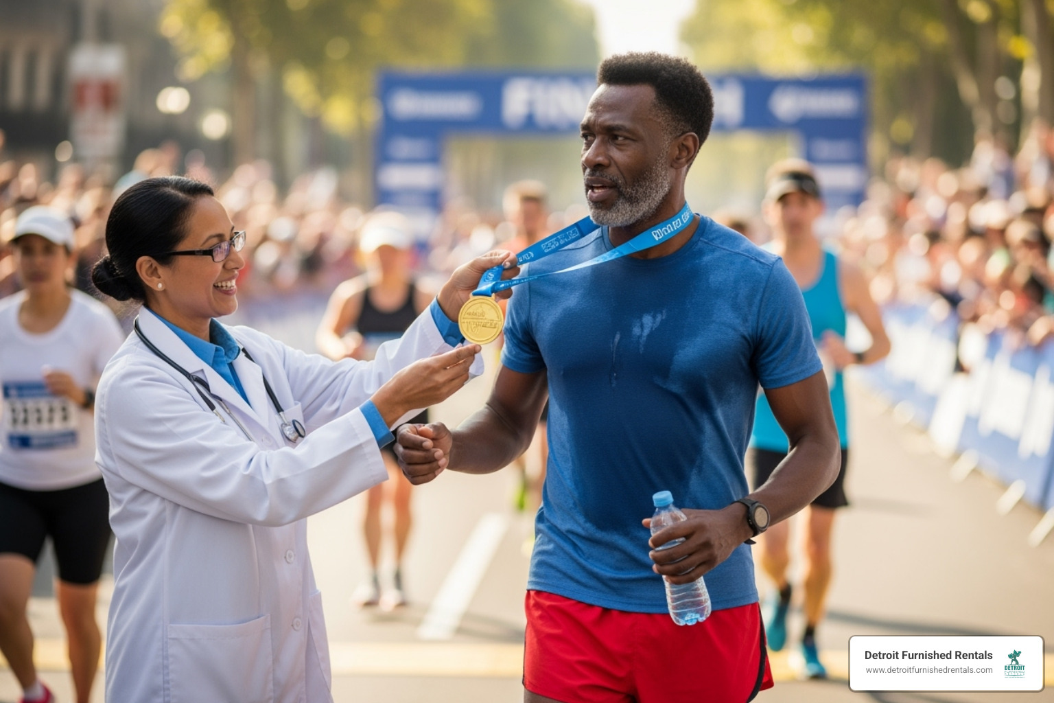 a runner receiving their finisher medal - Detroit marathon tips