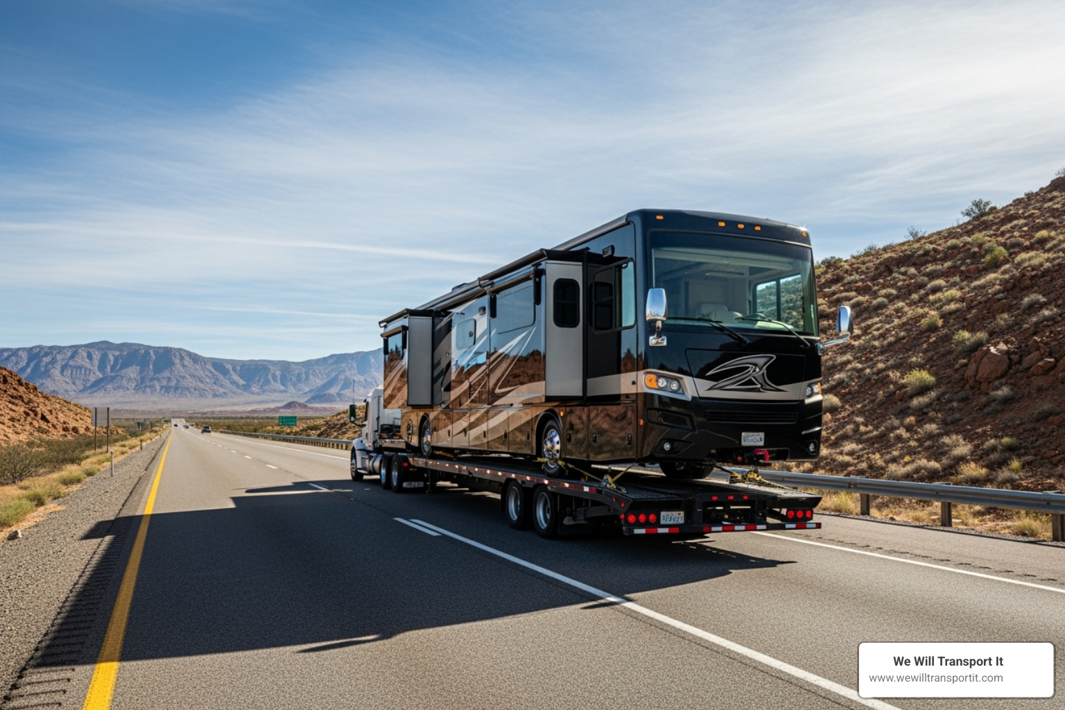 RV being transported on a flatbed truck - ship car from michigan to texas