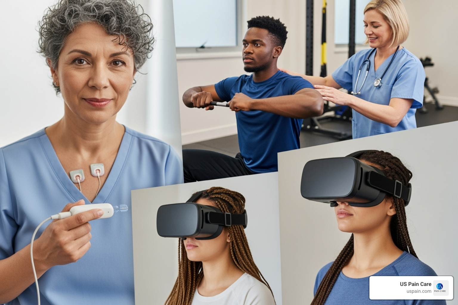 collage showing different therapies like neuromodulation devices, physical therapy, and virtual reality headsets - chronic pain clinical trials collage showing different therapies like neuromodulation devices, physical therapy, and virtual reality headsets - chronic pain clinical trials