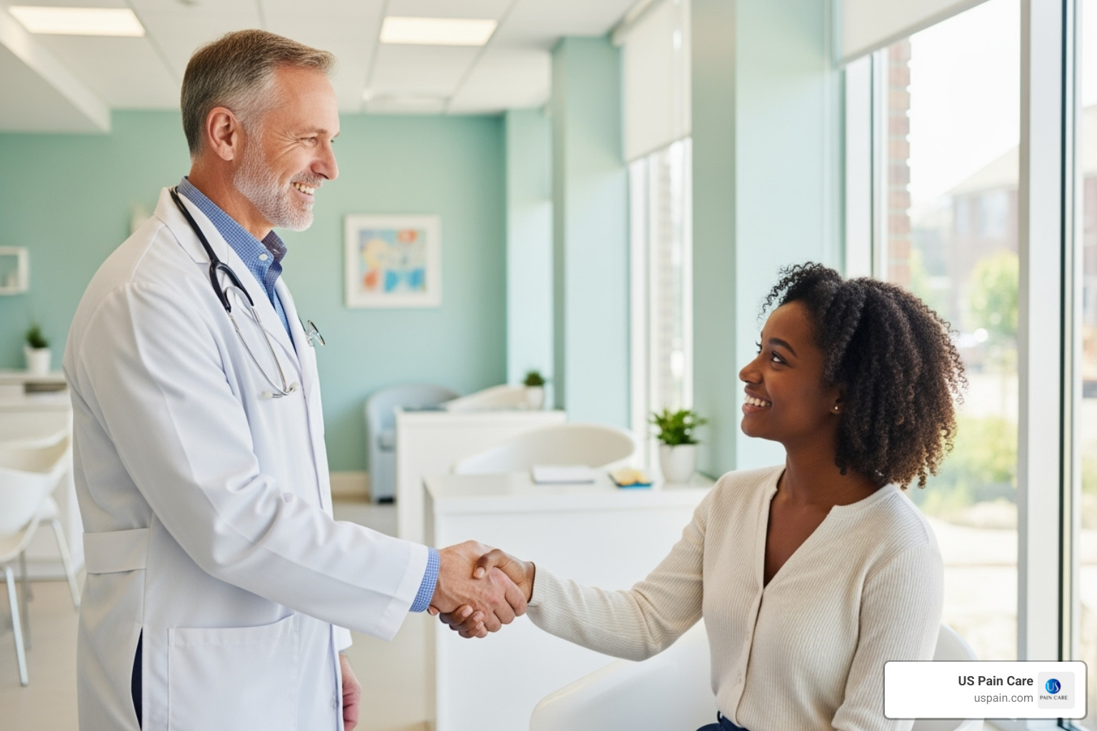 doctor and patient smiling and shaking hands in a bright, modern clinic setting - chronic pain clinical trials doctor and patient smiling and shaking hands in a bright, modern clinic setting - chronic pain clinical trials