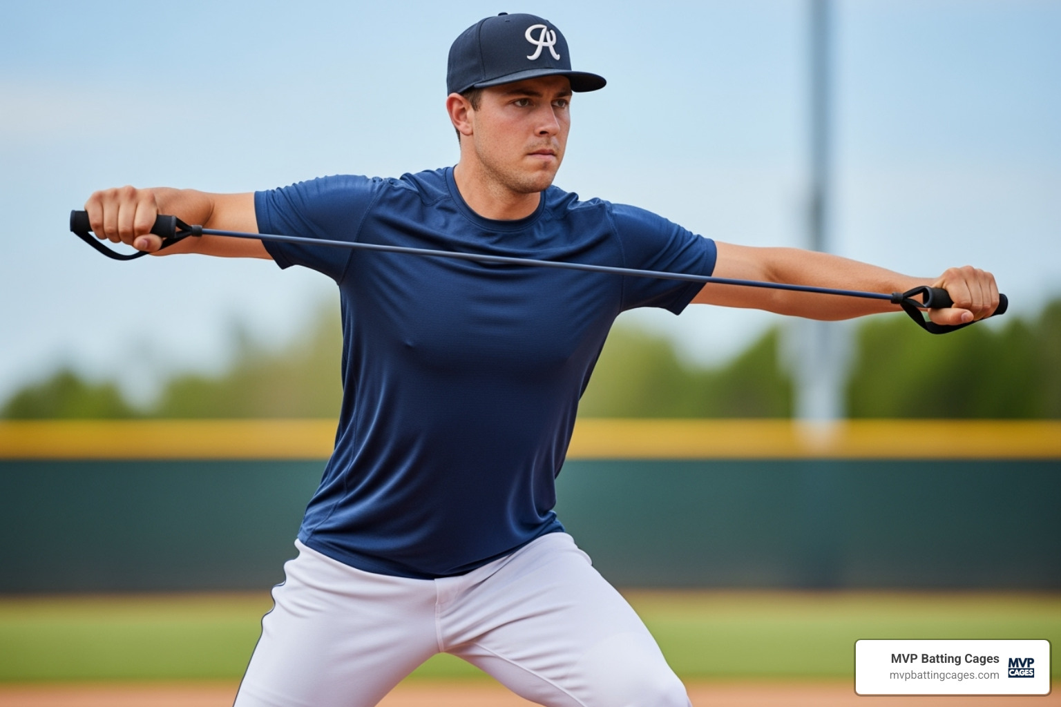 Baseball pitcher using resistance bands for a warm-up, focusing on shoulder rotation - baseball pitching accuracy drills