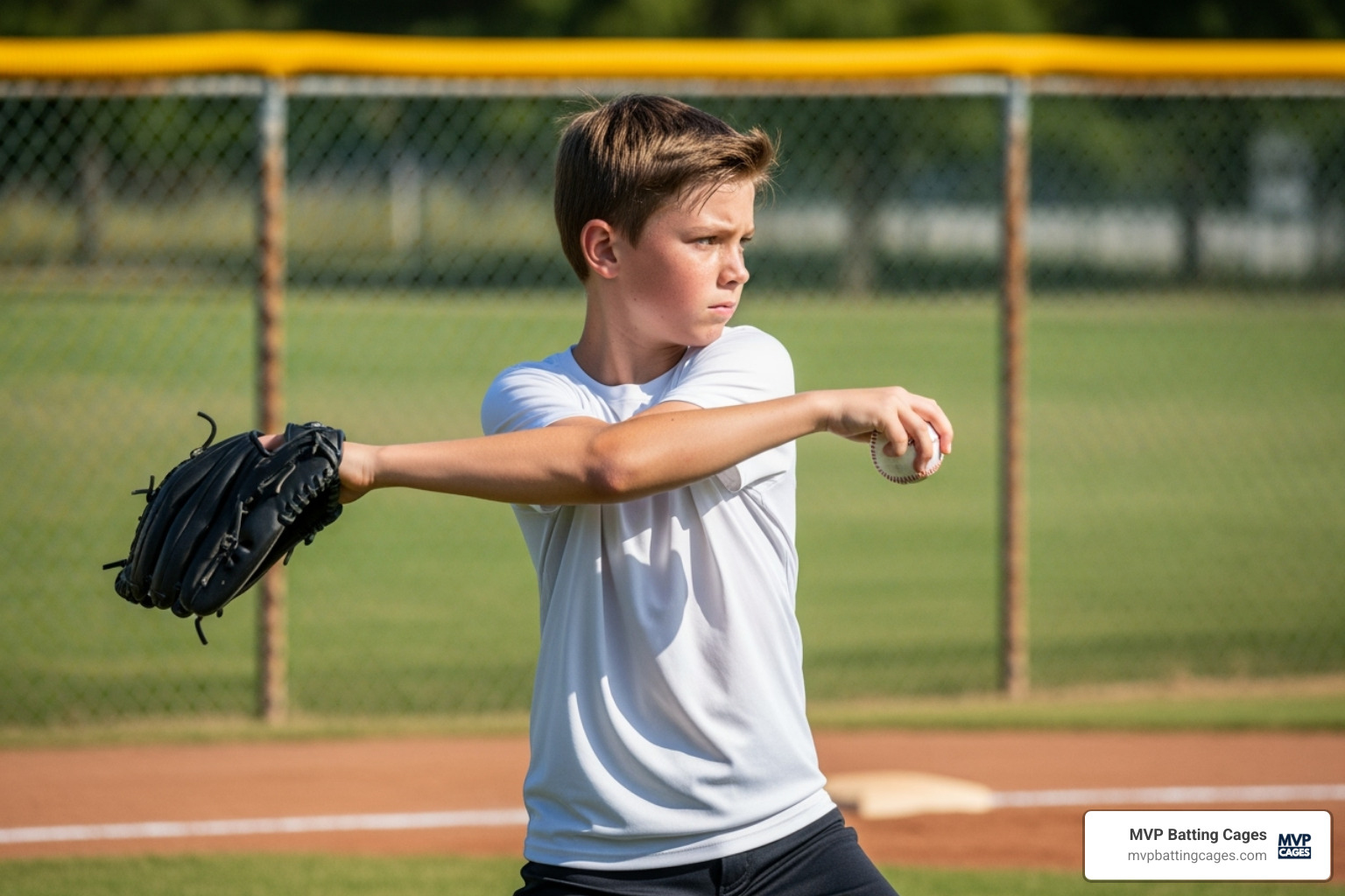 Young baseball pitcher performing the Towel Drill against a fence, focusing on arm action - baseball pitching accuracy drills