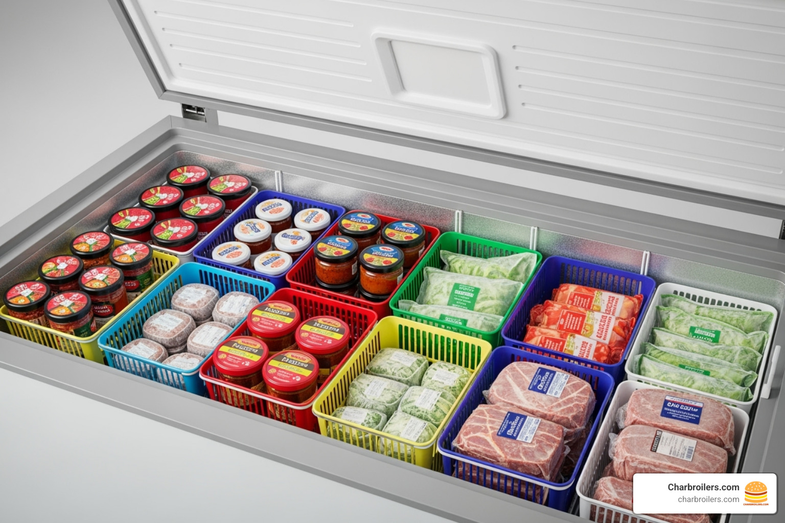 Coldline CF76 chest freezer filled with products - coldline commercial refrigeration