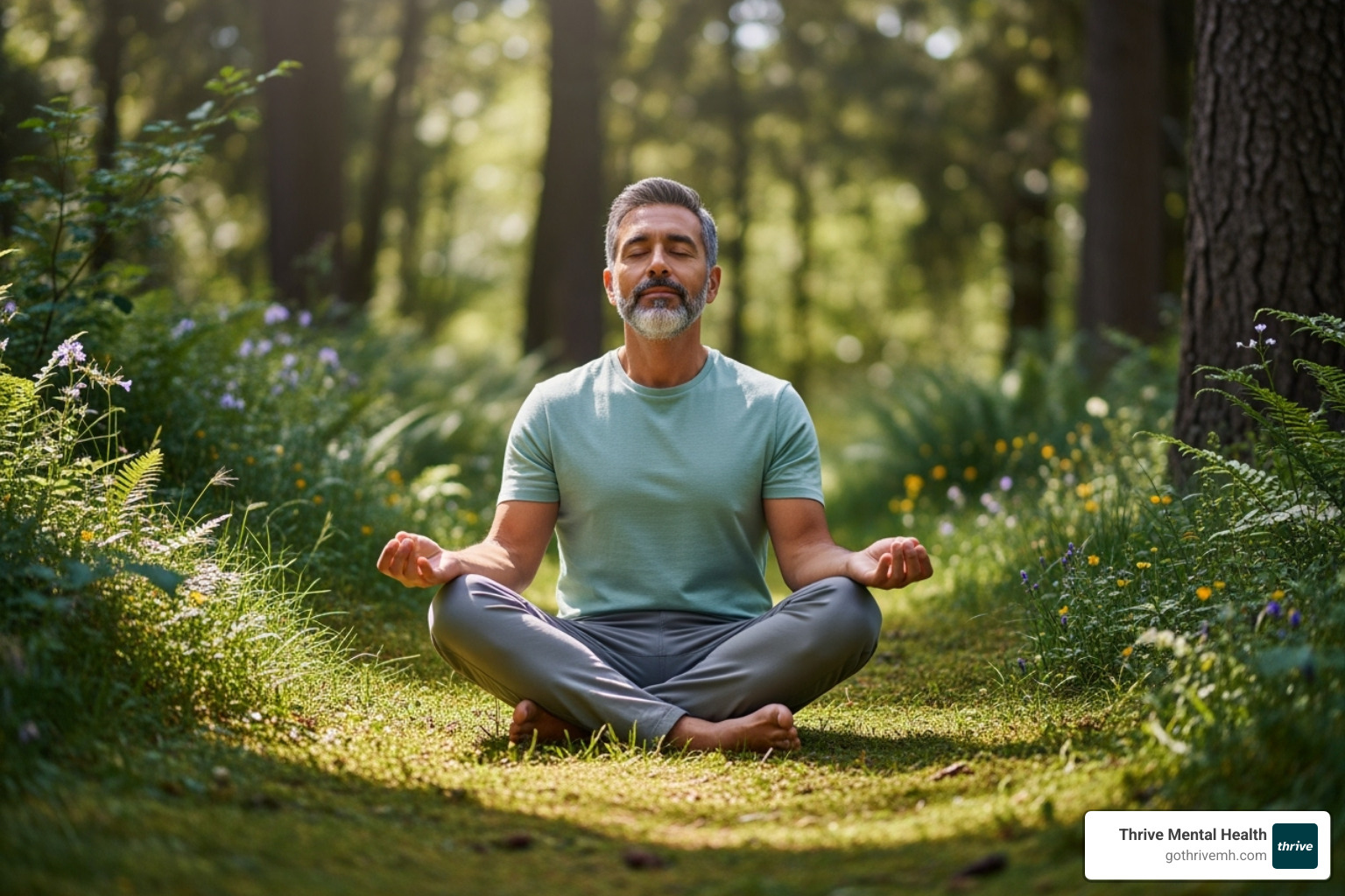 A person sitting calmly, practicing deep breathing with eyes closed in a serene natural setting. - CBT for stress management