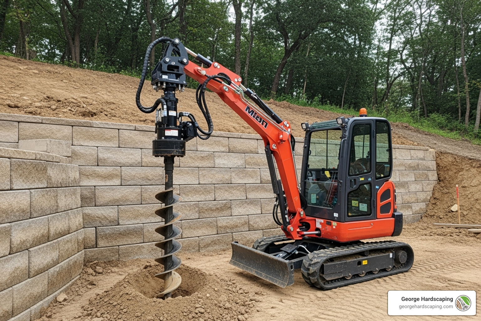 A hydraulic torque motor attached to a mini-excavator, drilling a helical anchor into the ground behind a wall. The equipment is compact, demonstrating the minimal footprint required for installation. The ground around the drilling site appears undisturbed, highlighting the low impact nature of the process. - helical anchors retaining wall