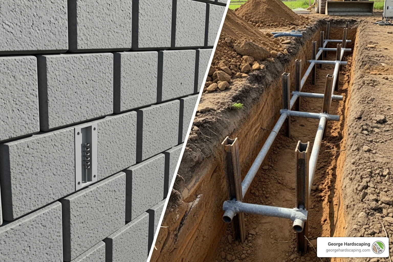 A split image comparing the small, discreet wall plate of a helical anchor on a finished wall to the large excavation area required for a deadman anchor. The helical anchor side shows a neat, finished wall with only a small, unobtrusive plate. The deadman anchor side shows a significant trench dug behind a wall, with visible dirt piles and an exposed, buried anchor system. - helical anchors retaining wall