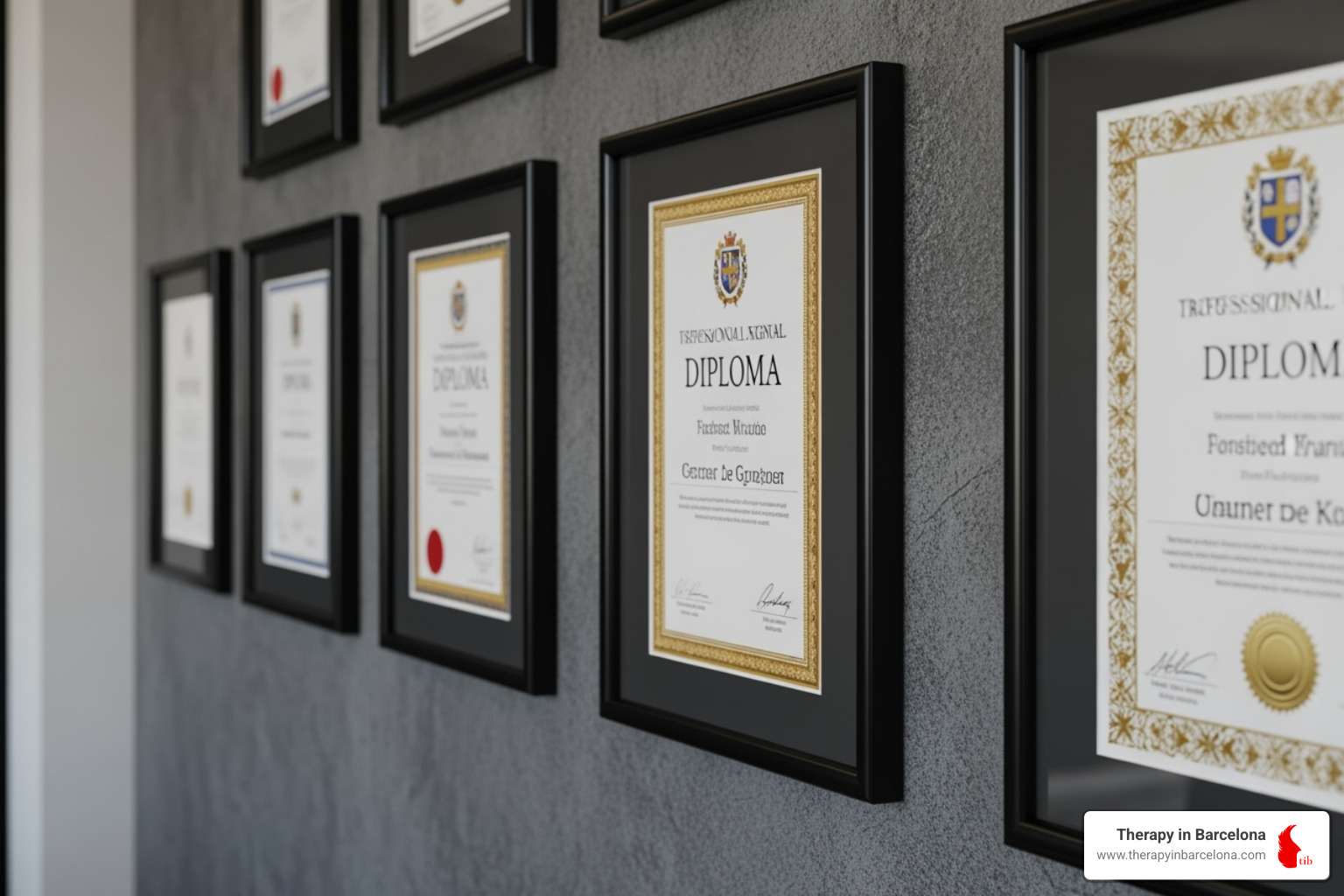 A close-up of a framed therapist’s certificate and professional licenses hanging on a textured wall. - English therapy Madrid A close-up of a framed therapist’s certificate and professional licenses hanging on a textured wall. - English therapy Madrid