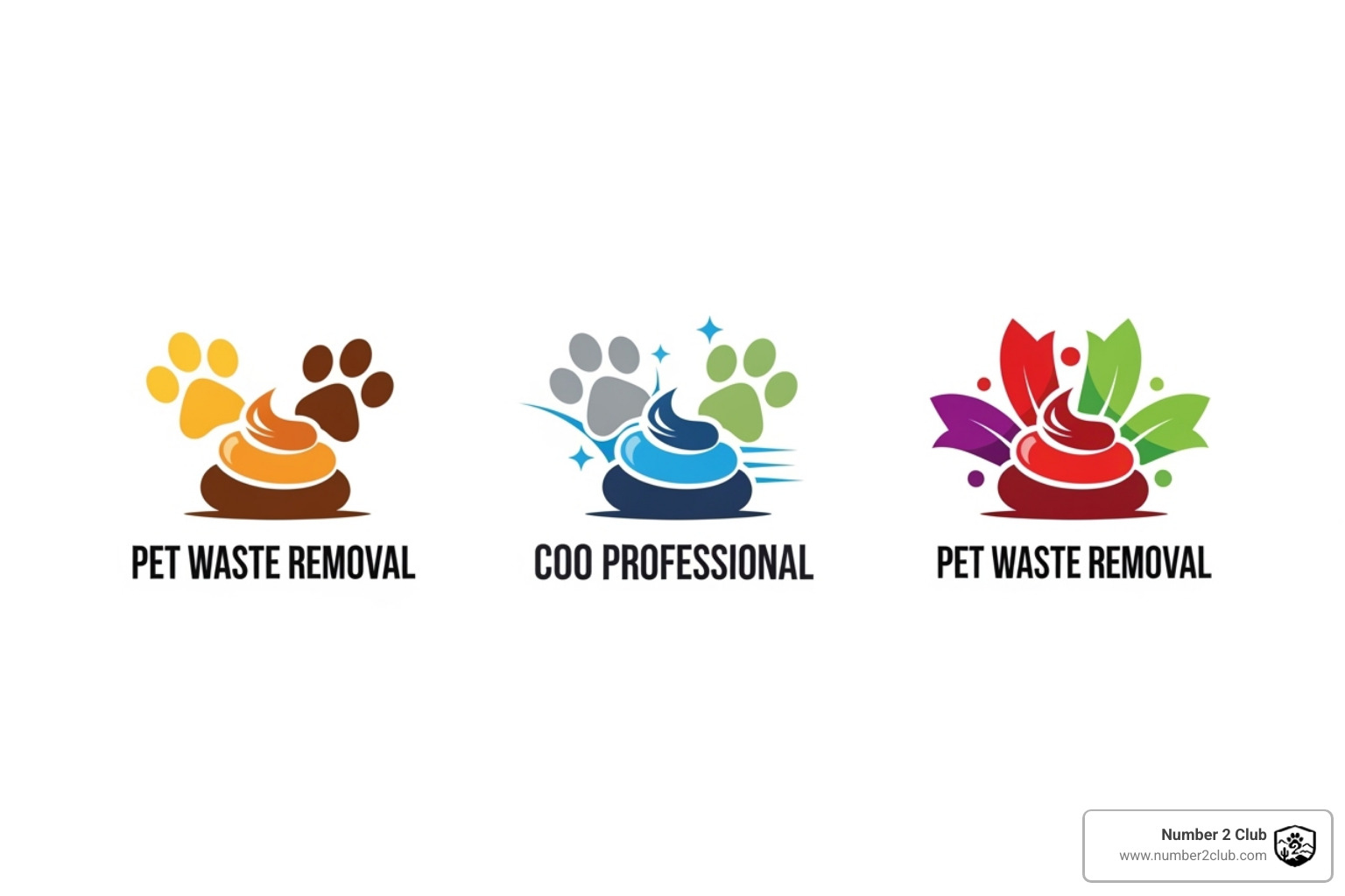 An image showing the same pet waste removal logo concept mocked up in three different color palettes to illustrate how color choices dramatically influence the logo's mood and message. - pet waste removal logo