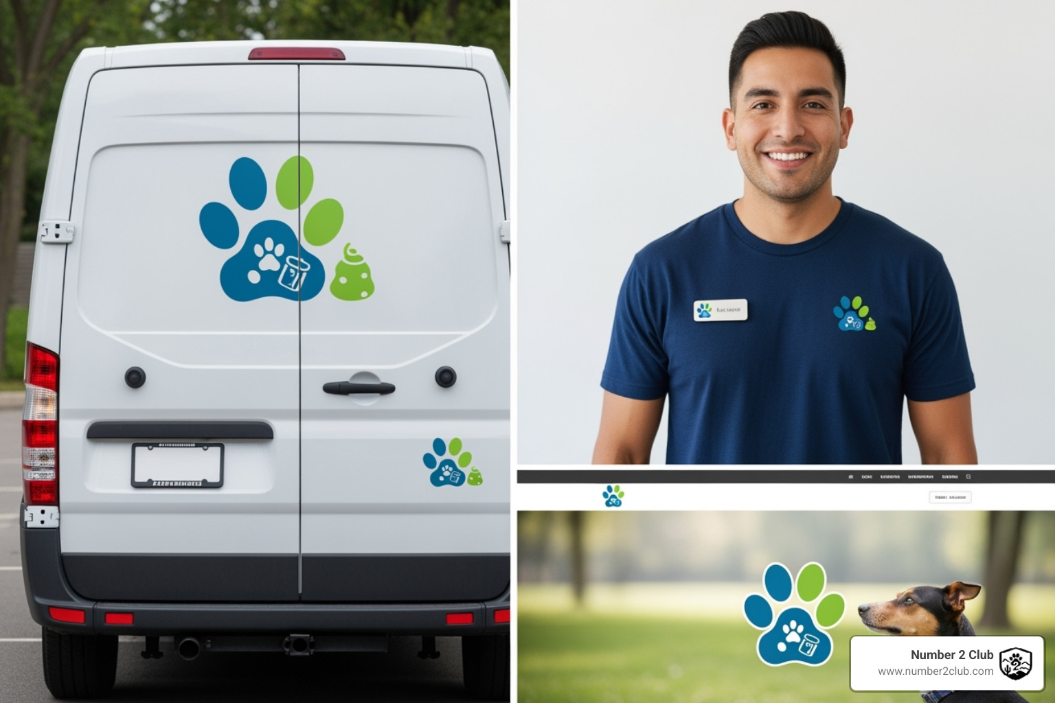 A single pet waste removal logo mock-up, clearly displayed on a branded service van, a team member's uniform t-shirt, and as the prominent header on a company website, demonstrating its versatility across different platforms. - pet waste removal logo