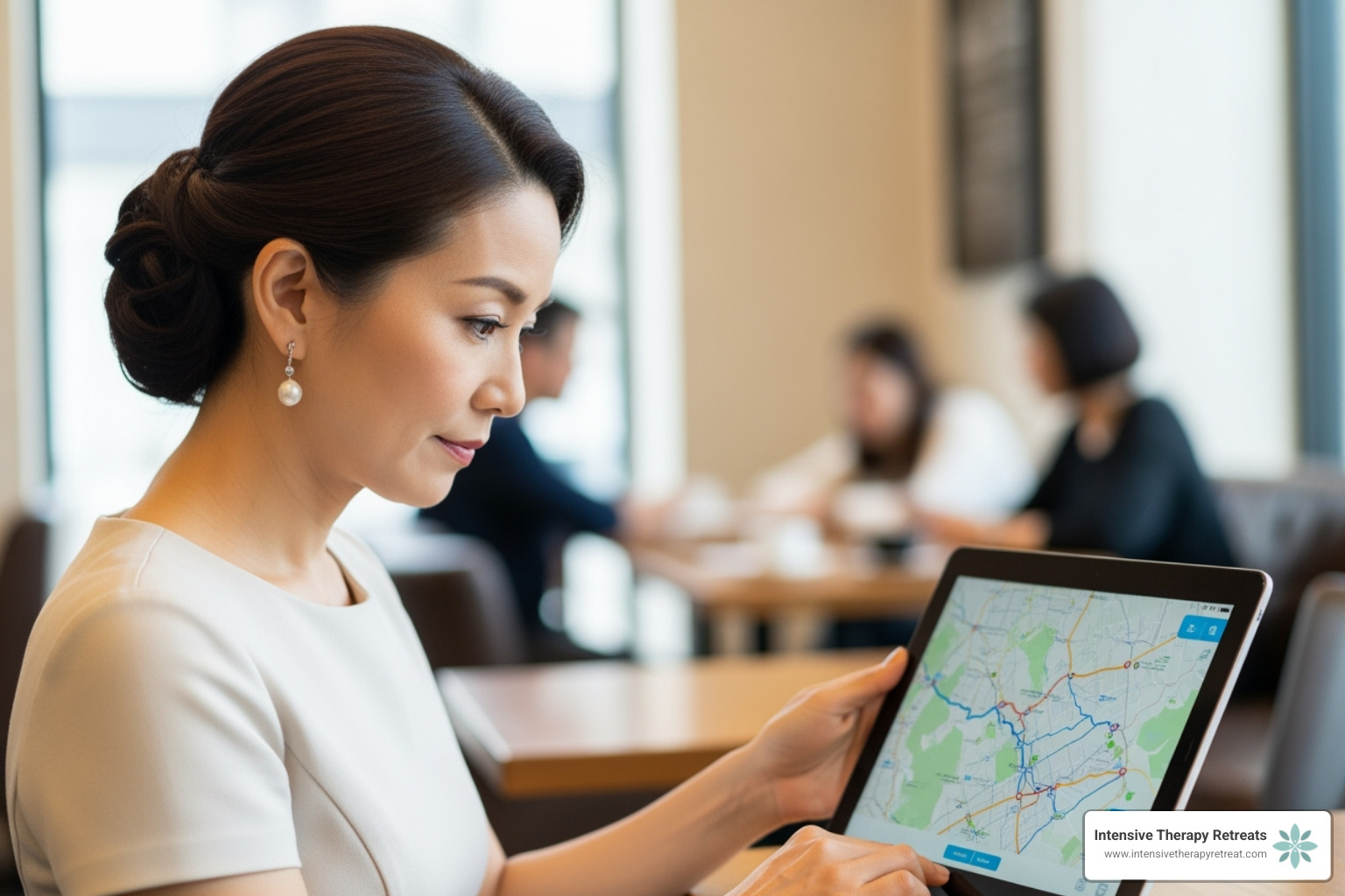 woman thoughtfully looking at a map on a tablet - healing retreats for women near me