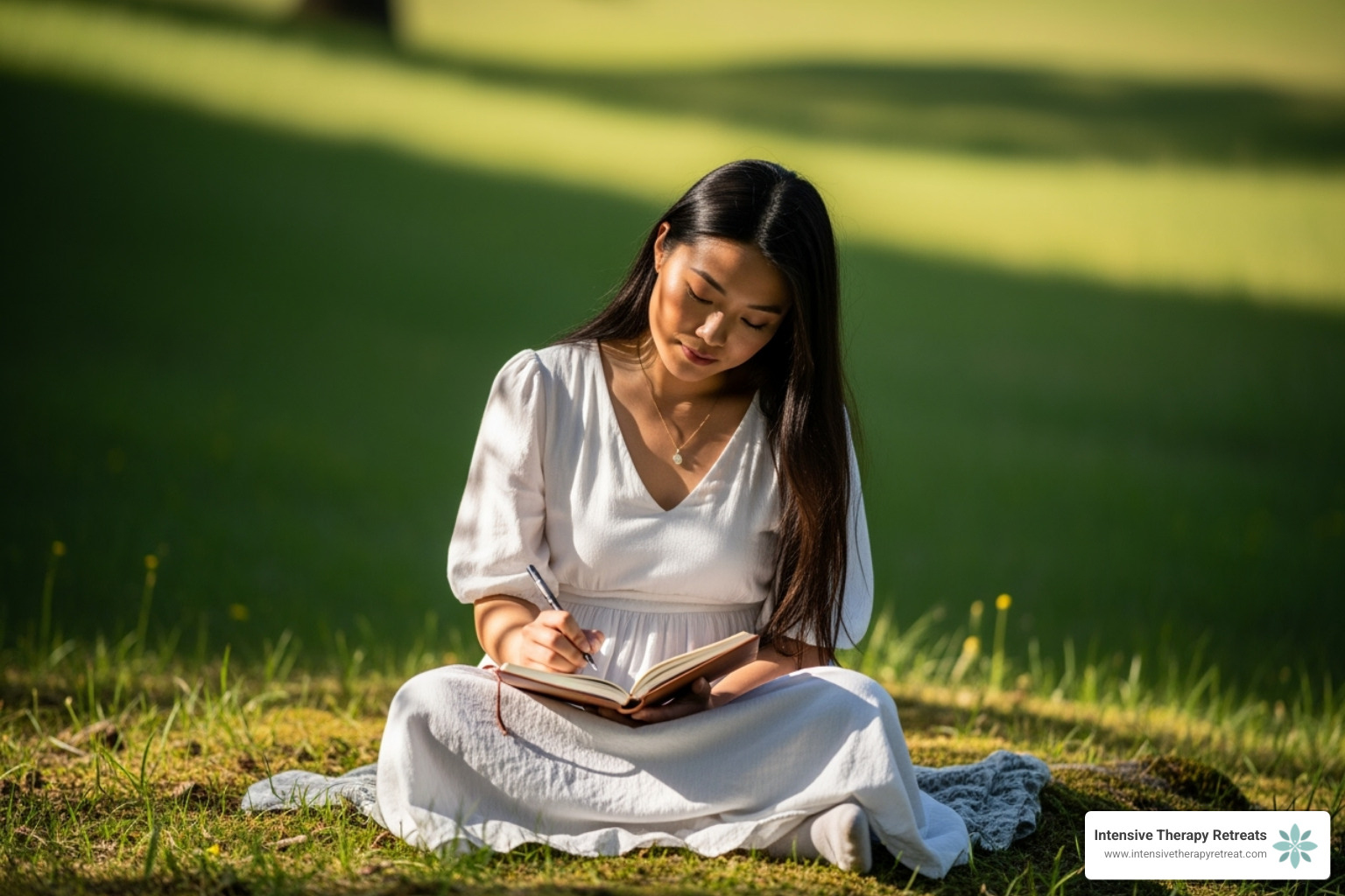woman journaling peacefully outdoors - healing retreats for women near me