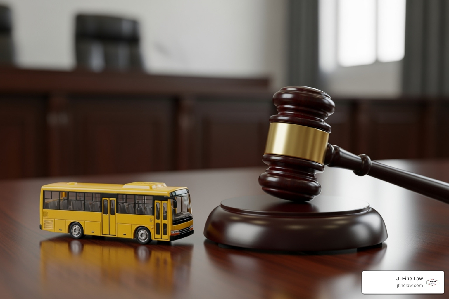A legal gavel and a toy bus, symbolizing liability - injured in bus accident