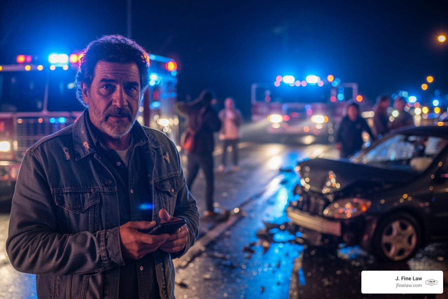 A person on the phone at an accident scene, with emergency lights in the background - injured in bus accident