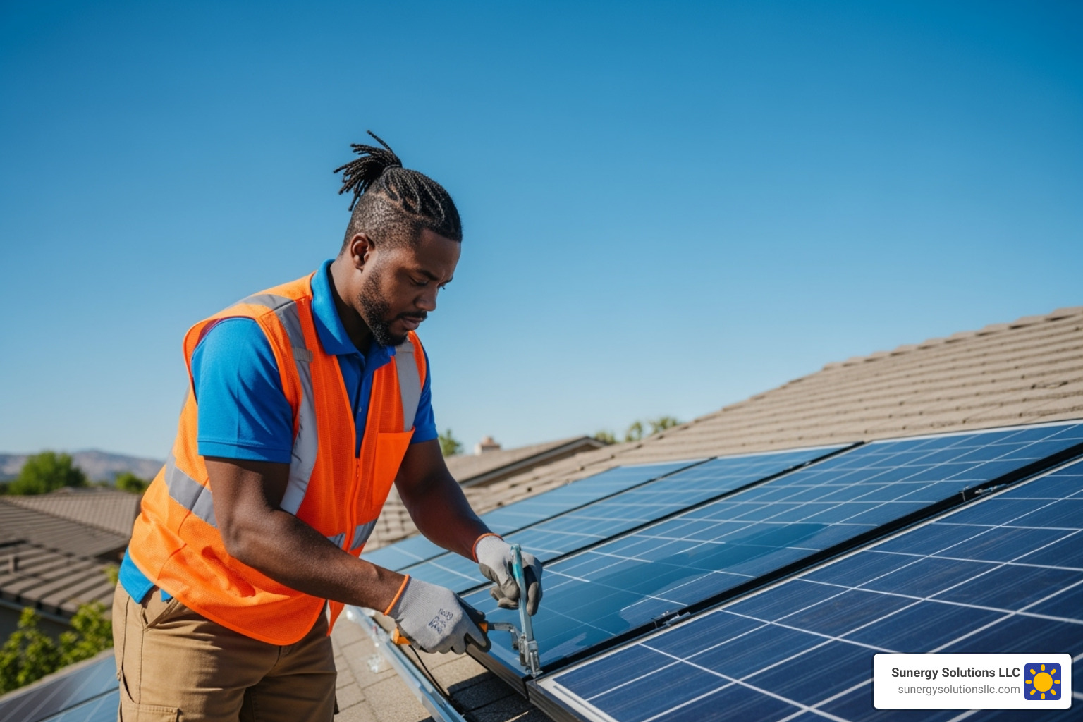 professional installer securing a solar panel on a roof of a home in the United States - residential solar array