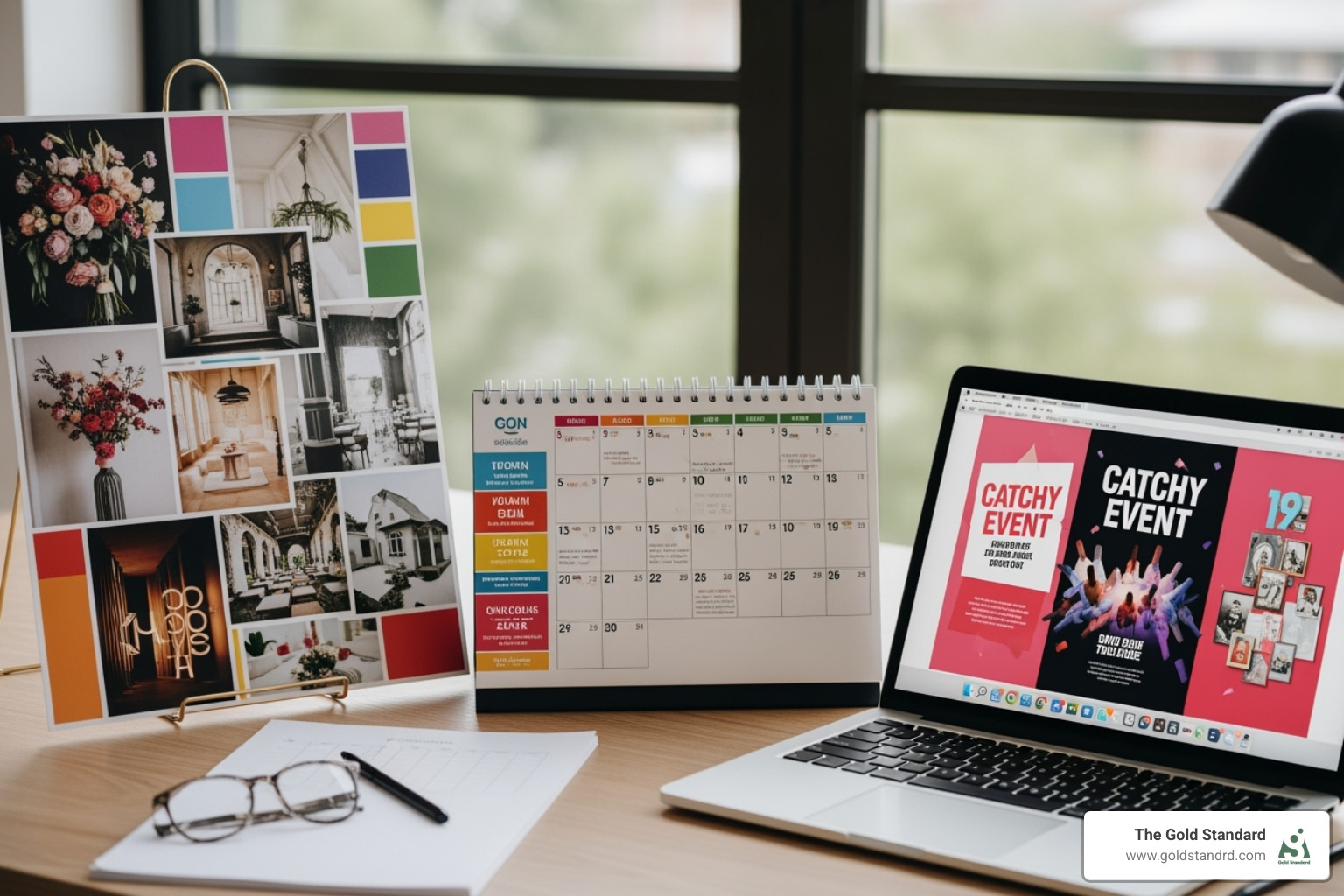 Event planner's desk with a mood board, calendar, and laptop showing a promotional design - mj events