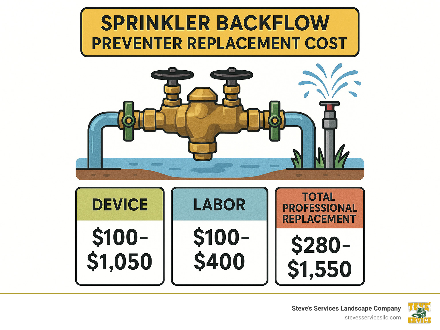 Infographic detailing sprinkler backflow preventer replacement costs including typical range for device alone ($100-$1,050), labor ($100-$400), and total professional replacement ($280-$1,550). - sprinkler backflow preventer replacement cost infographic