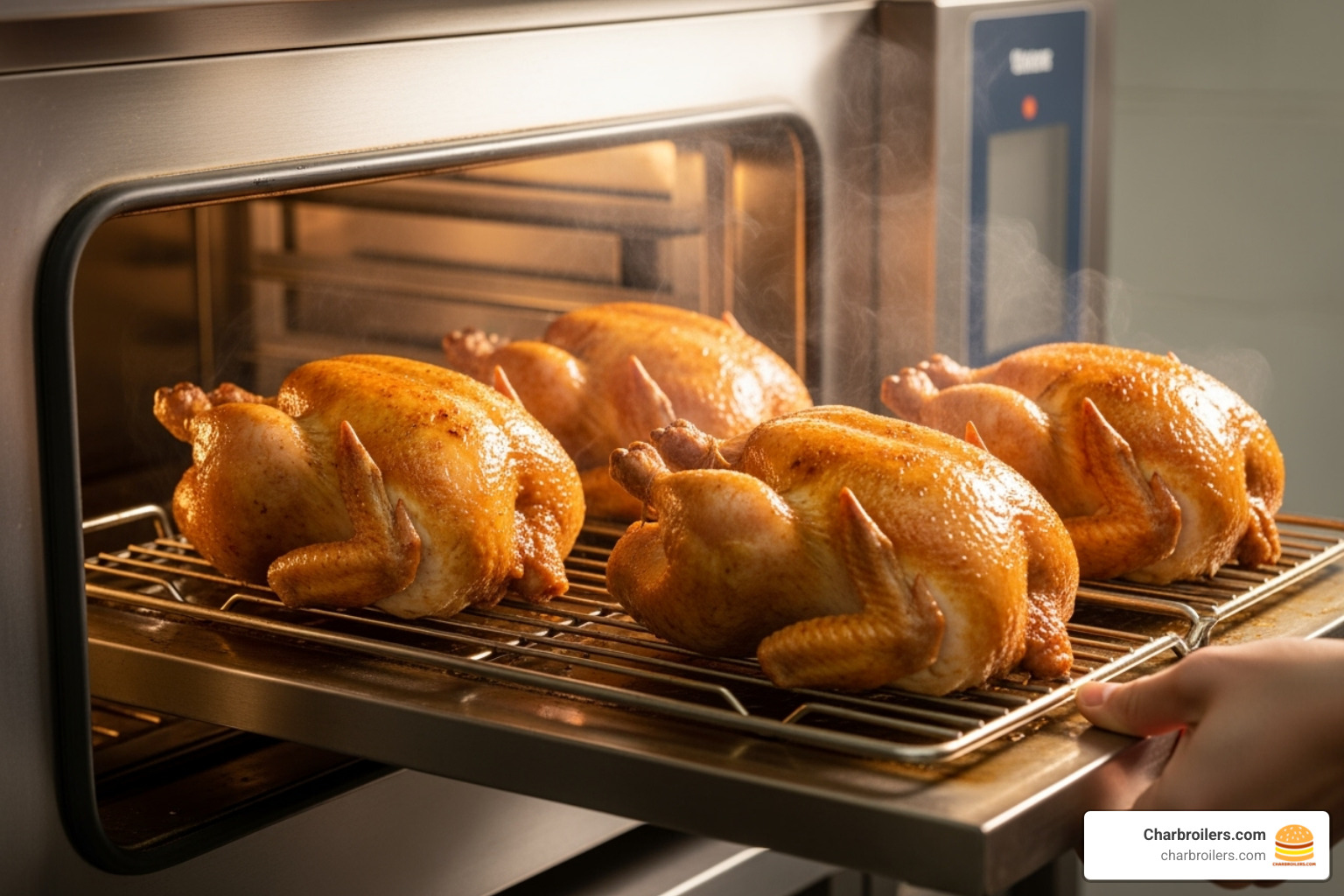 perfectly roasted chickens coming out of a convection oven - industrial convection oven