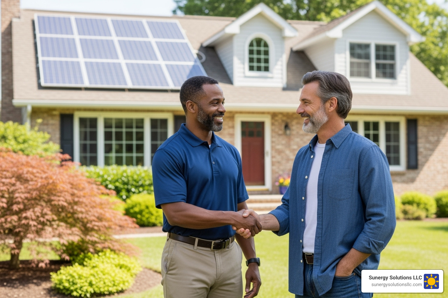 friendly solar consultant shaking hands with a happy homeowner in front of their newly installed solar array in a US suburban neighborhood - residential solar array