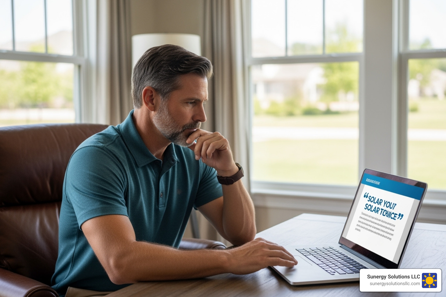 homeowner reviewing a solar quote on a laptop in their US-based home office - residential solar array