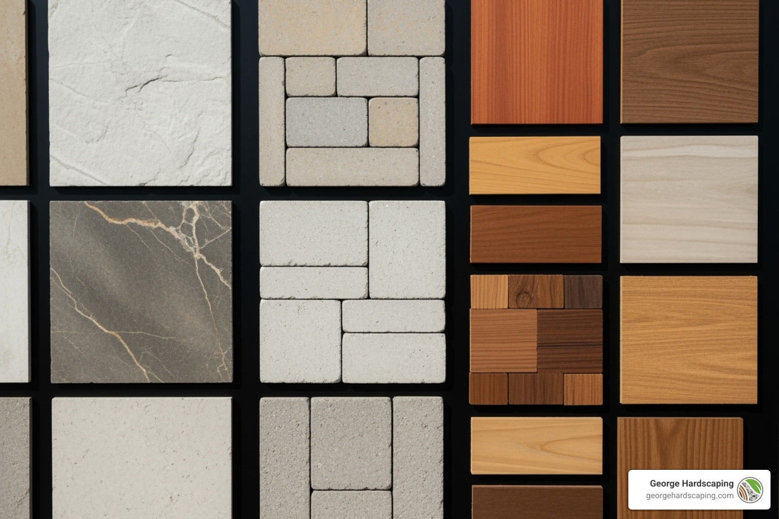 Material swatches showing natural stone, concrete block, clay pavers, and composite decking laid out on a drafting table - walkway and retaining walls