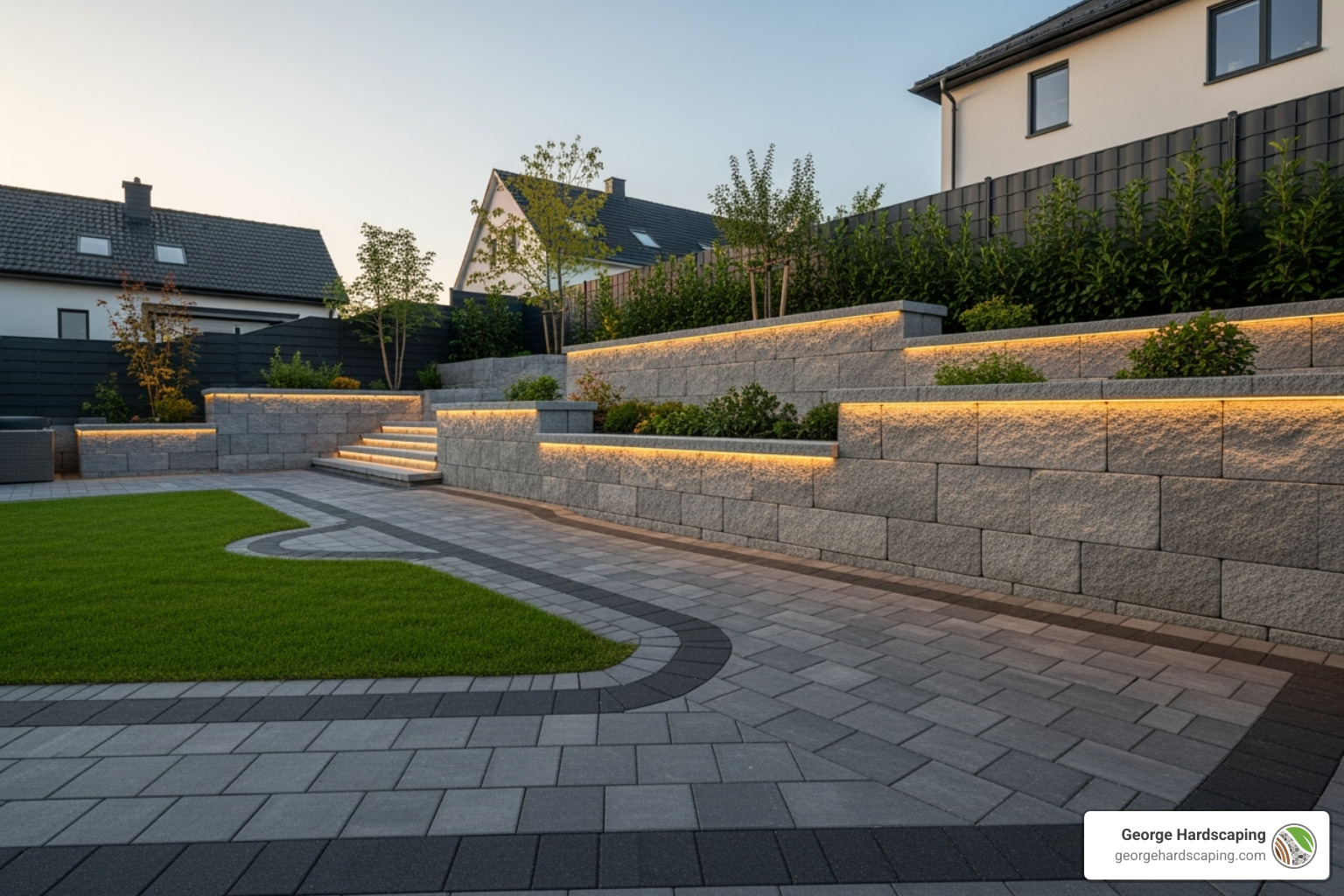 Modern backyard featuring a multi-level retaining wall, integrated lighting, and a sleek paver walkway