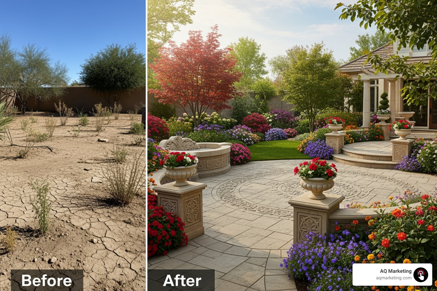 A dramatic before-and-after landscaping project, showing a barren yard transformed into a lush, vibrant garden with a stone patio and colorful plantings - content ideas for landscapers