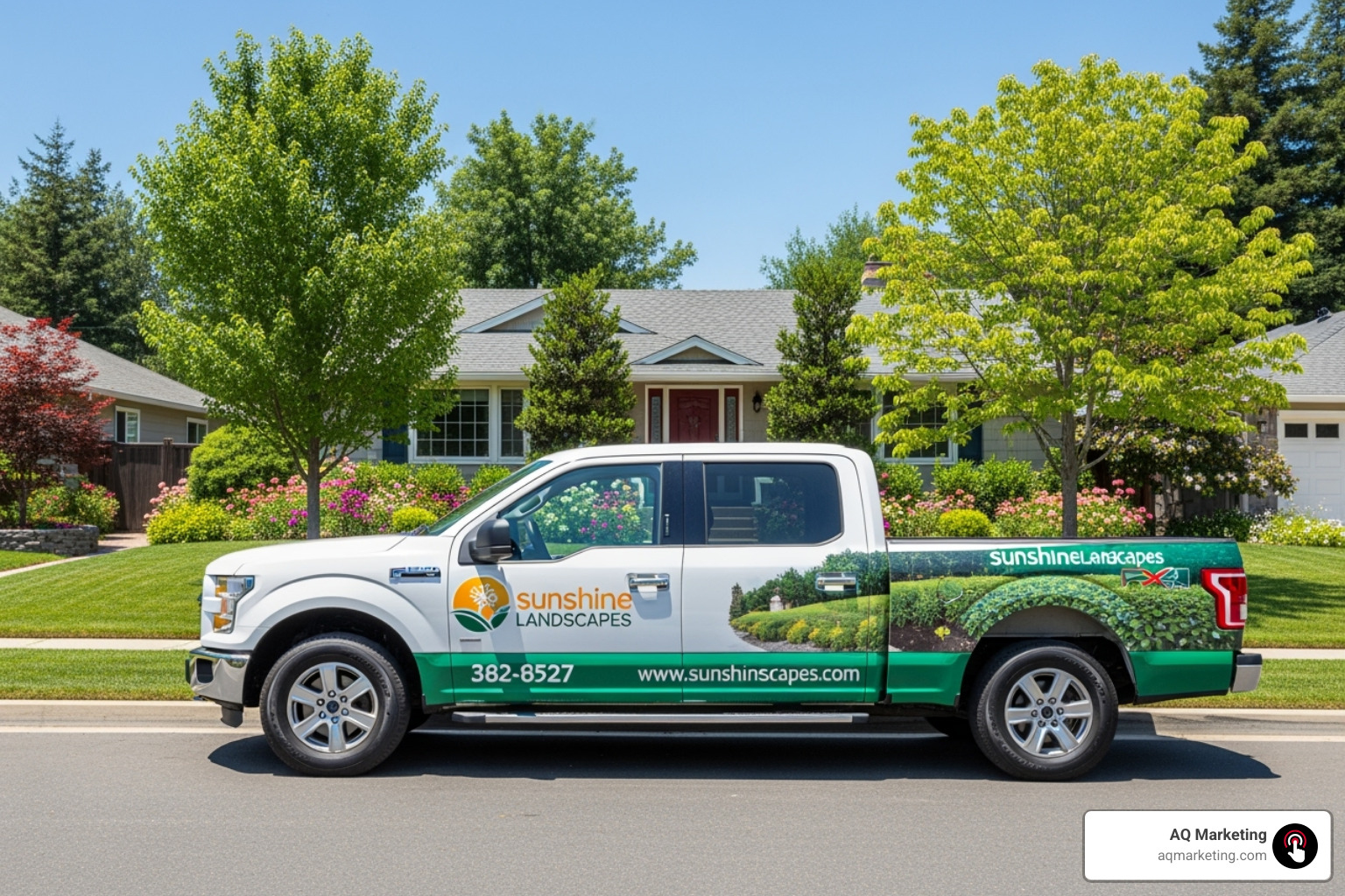 A branded landscaping truck wrap with company logo and contact information parked in front of a beautifully landscaped home - content ideas for landscapers