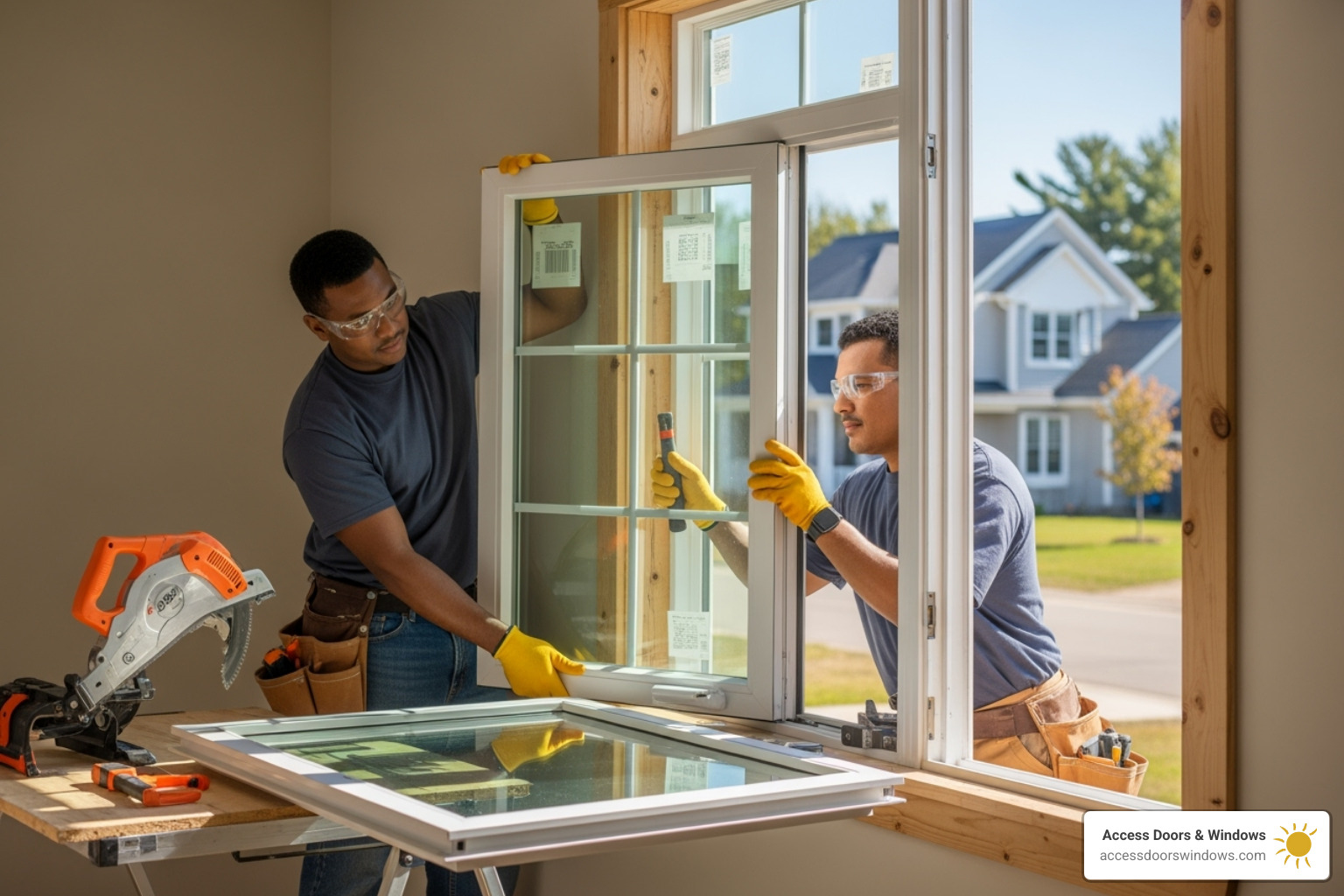 Professional crew carefully installing a new window - window replacement contractors near me