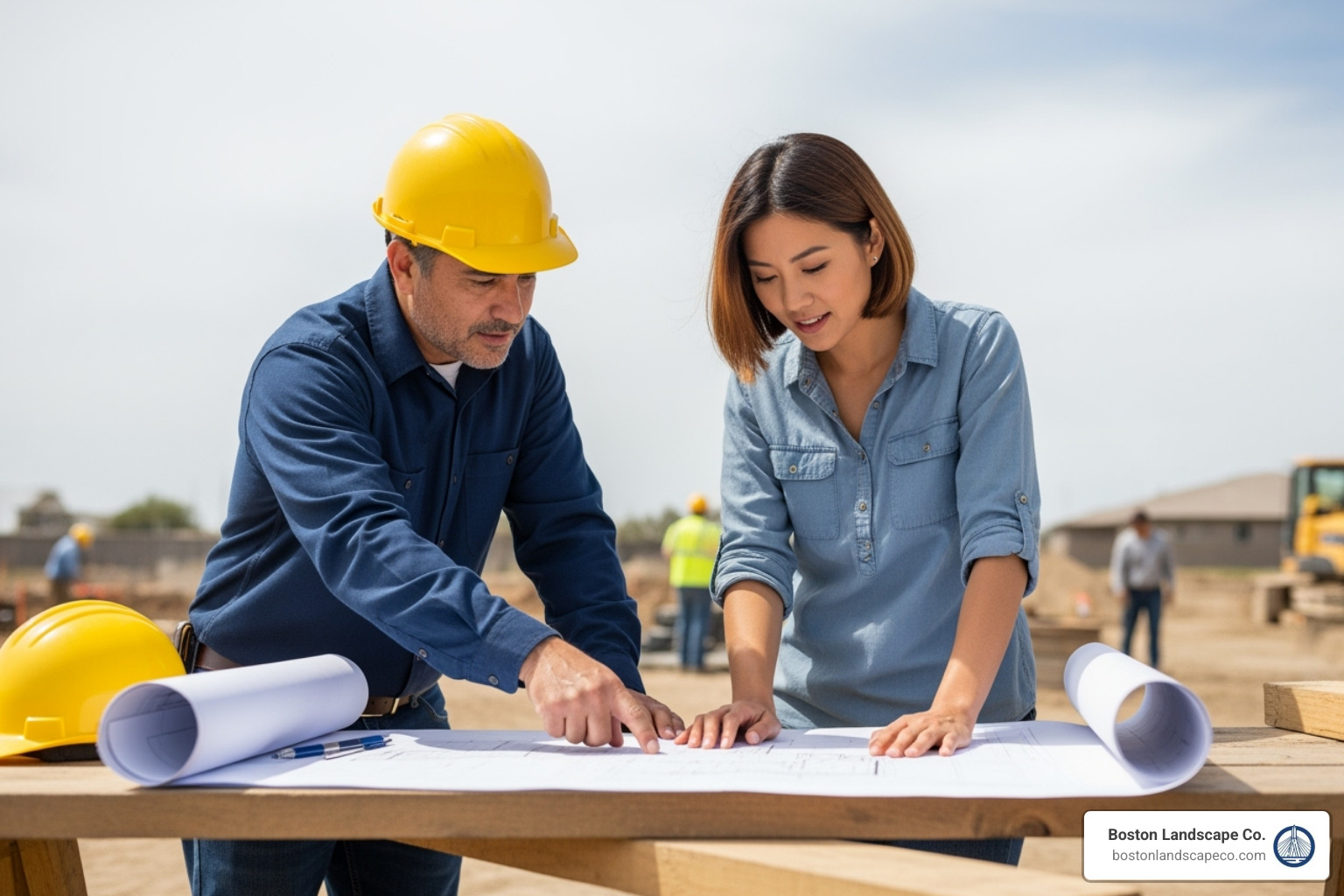 A landscape architect and construction foreman collaborating on-site, reviewing blueprints together - design build landscape architecture