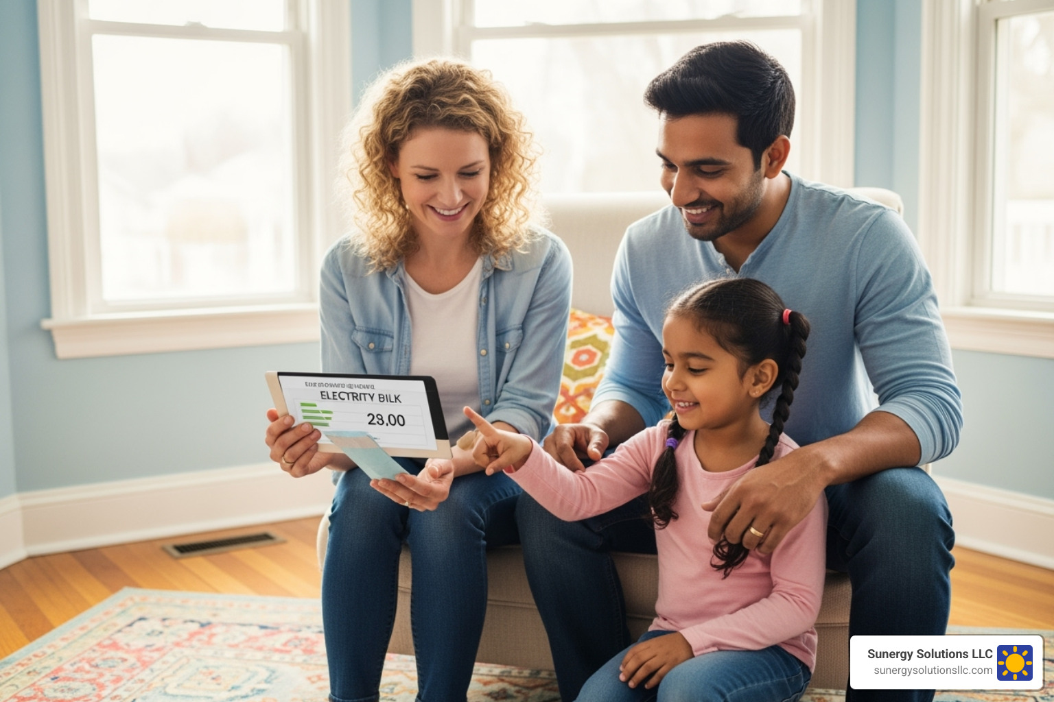 family looking at their low electricity bill on a tablet in their sunlit American home - residential solar array