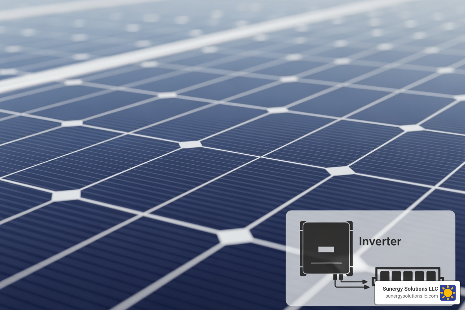close-up of a modern solar panel showing the cells, with an inset diagram of an inverter and battery - residential solar array
