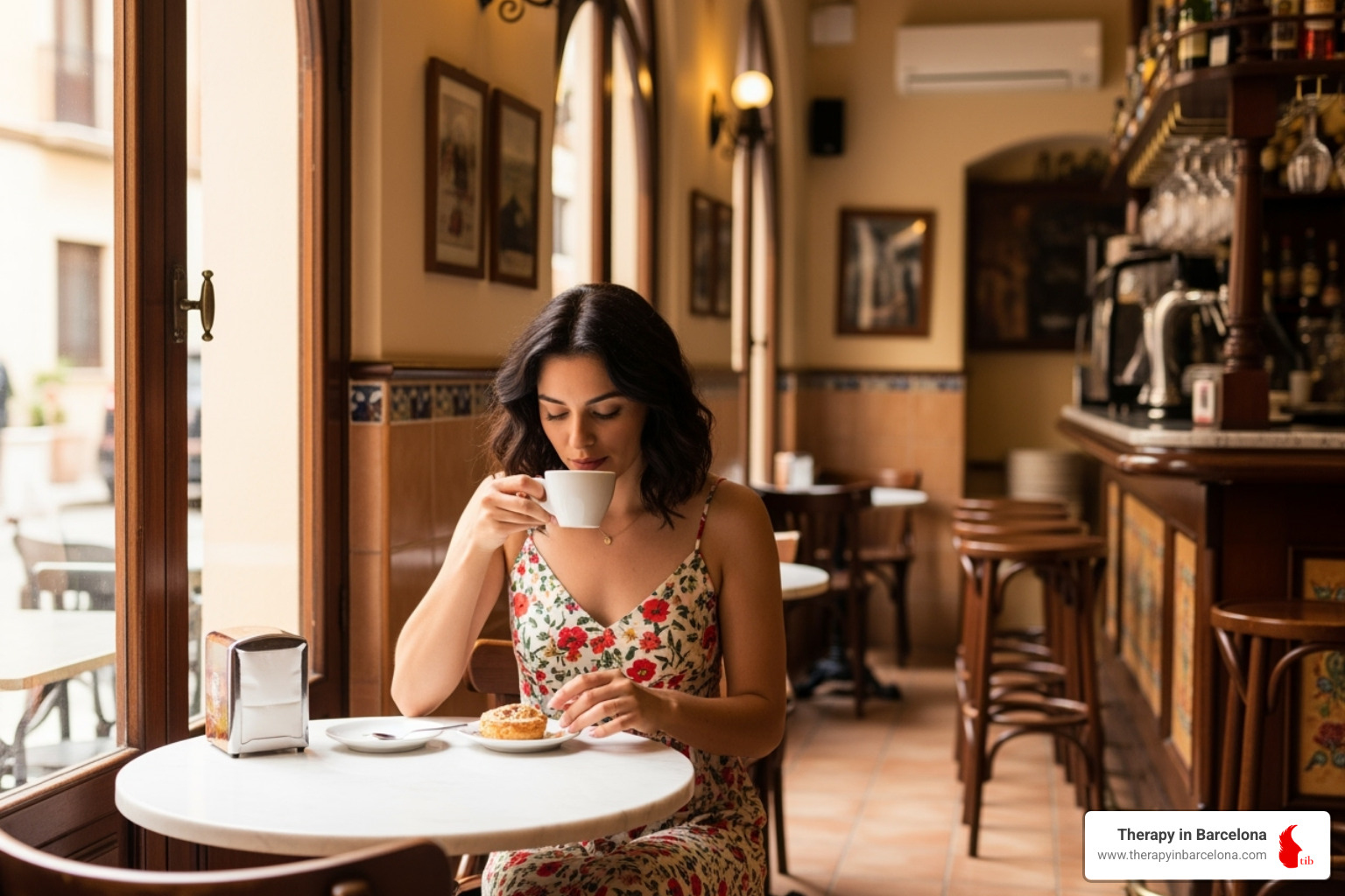 Image of someone enjoying a coffee and pastry at a local Spanish cafe - dealing with homesickness