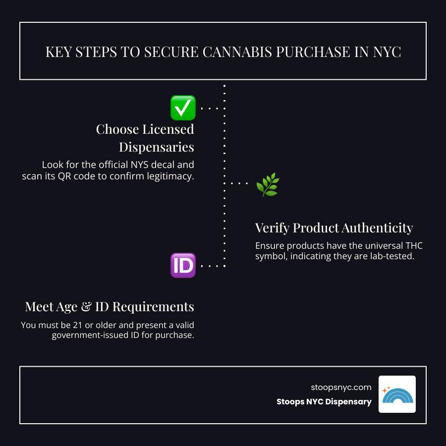 Key steps to buying legal and secure cannabis in NYC, showing licensed dispensary verification, product labeling, age requirements, and possession limits. - Buy cannabis securely in NYC infographic infographic-line-3-steps-dark
