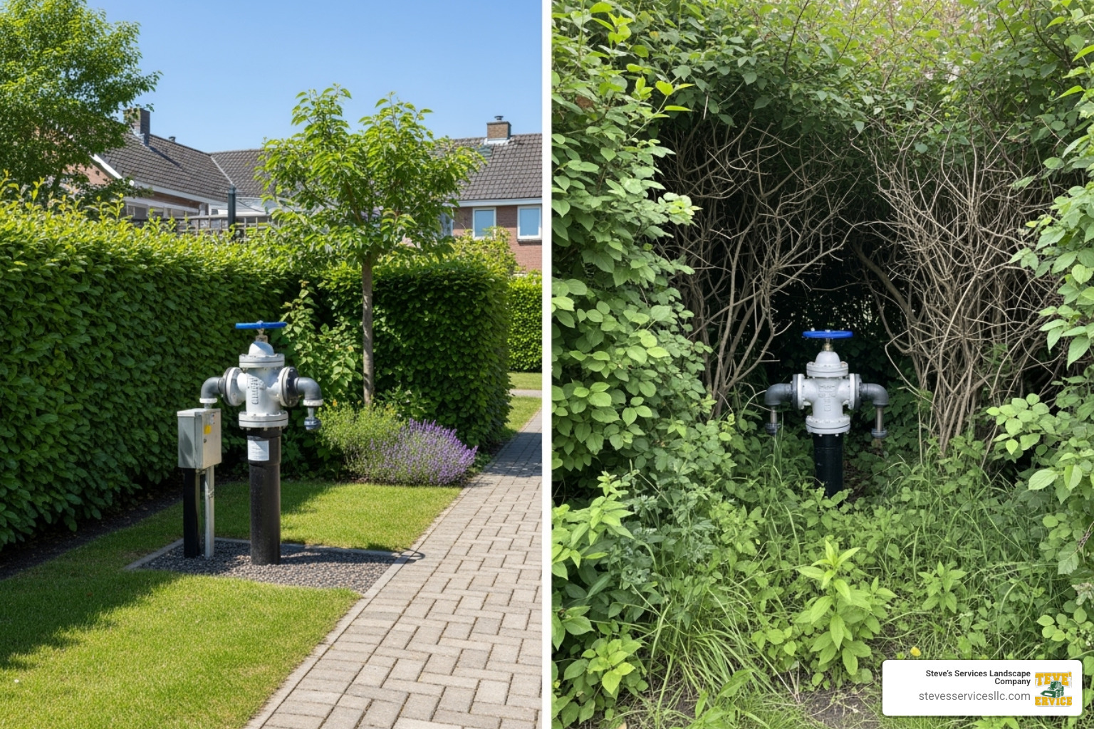 a backflow preventer in an easily accessible location versus one in a tight, overgrown space - sprinkler backflow preventer replacement cost